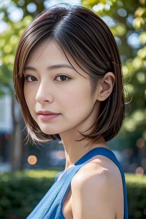 Best Quality, Realistic, Perfect Humailed,  so delicate and beautiful, RAW photo, プロフェッショナルillumination, illumination,  the depth of the boundary written , Single Focus, whole body, Skinny Japanese Women, 45-year-old woman, Brown Hair,  small head ,  beautiful eyes,  true face, Realistic skin, fine grain, (  fashionable hairstyle  : 1.3),Bust Emphasis、Sexy blue dress、Lakeside
