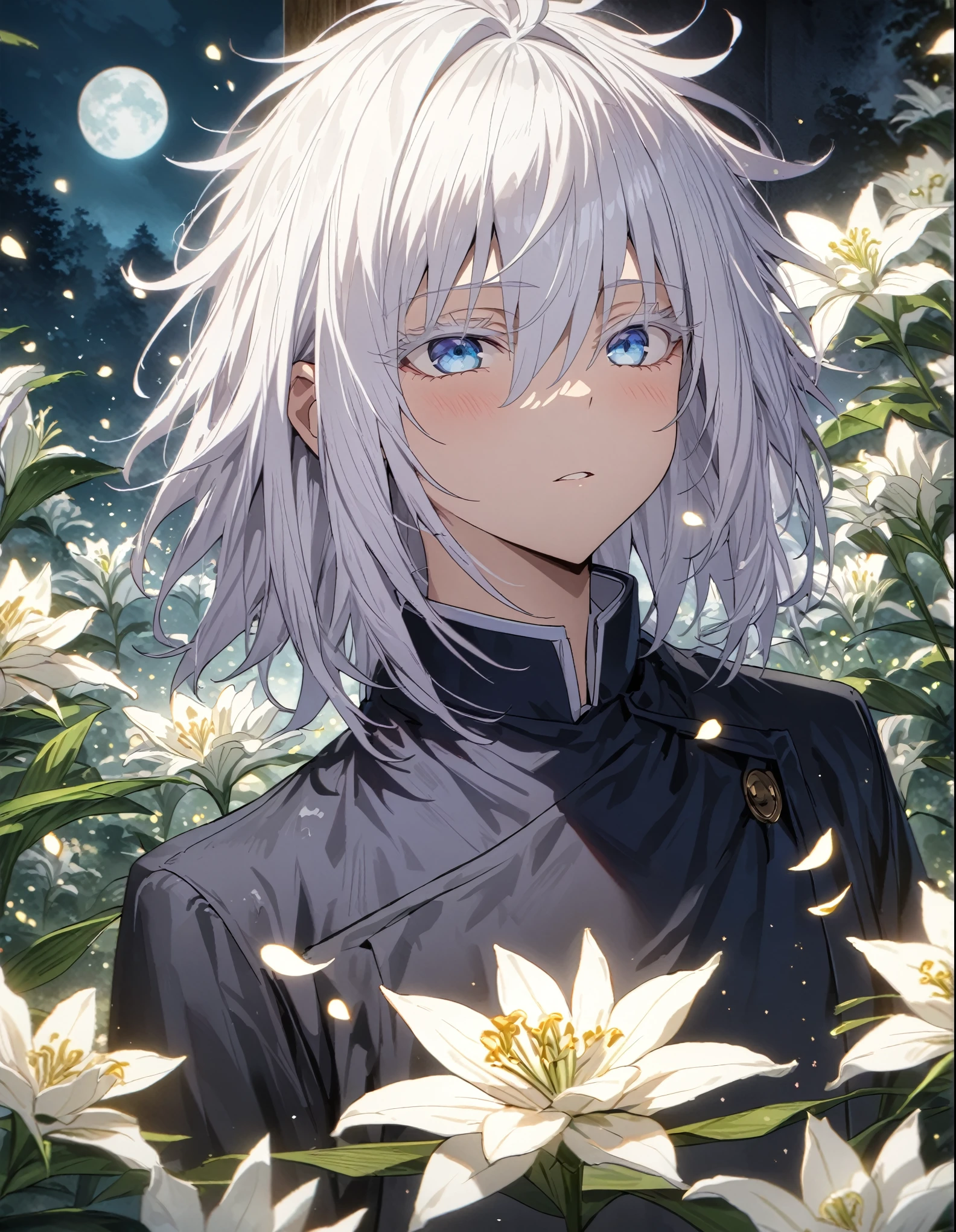 absurd, high definition , overdetailed , HDR, masterpiece, Best quality, Gojo Satoru , white hair with bangs , expressive blue eyes, hair between eyes , white eyelashes, Jujitsu Kaisen , 1 person, Beautiful, petals , white lilies, moon, fireflies