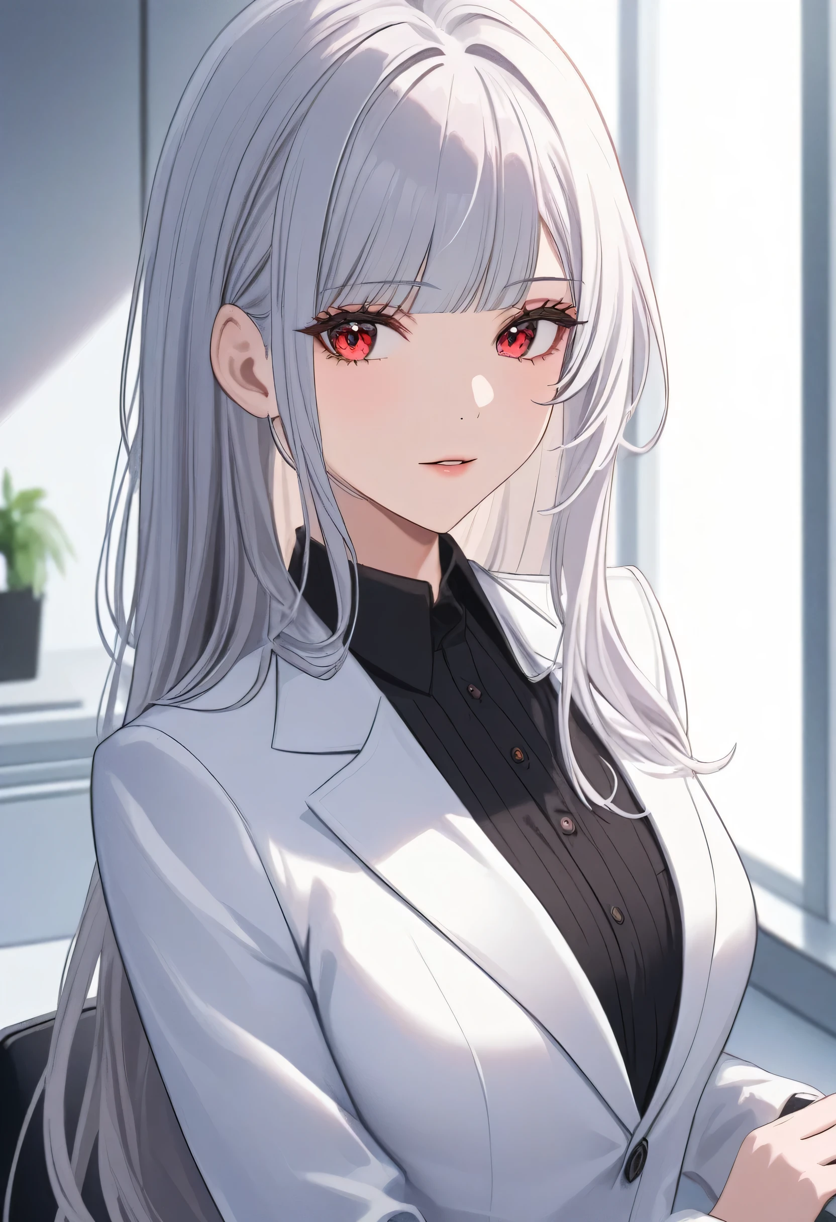 Ultra high resolution, rich colors, perfect image, top quality, detailed image, beautiful woman, glowing skin, texture of skin and clothes, delicate eyes, office, looking out the window, white suit, black shirt, (((silver hair blunt bangs long hair))), red eyes