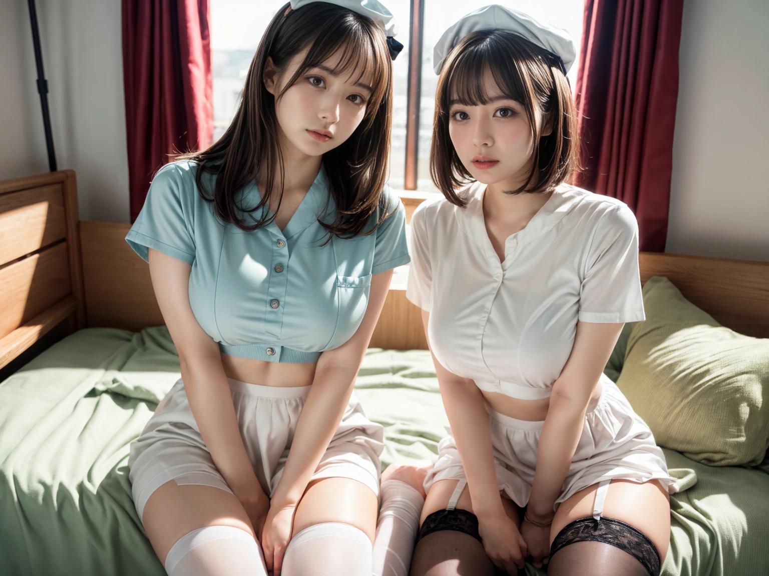 pieces fly, highest quality, ((highest quality、8K、masterpiece:1.3))、ultra high resolution、Physically based rendering、(realistic:1.37)、完璧な体の美しいtwo women:1.4、slim abdomen:1.2、Highly detailed face and skin texture、 red cheeks、white skin、thin waist,thin legs、highest quality,Super detailed,masterpiece,very beautiful 12 year old girl, (cute:1.2),perfect shiny skin,perfect skin,((Accurate hand without discomfort)), (brown hair),(short bob hair),(((full nude)))、((plaid pleated skirt))、smile、((sit on a flat seat on a train))、(((wet body)))、(((I can see pubic hair)))、(((two women)))、((Put your hand in your crotch))、necklace、ribbon