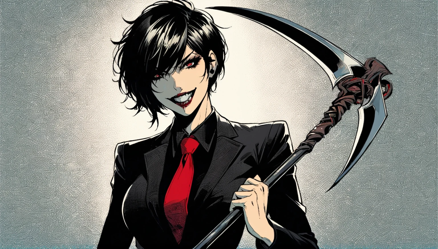 A comic book style illustration of a young woman with short black hair, wearing a sharp black suit and a blood-red tie. She has a fierce, predatory smile and is holding a stylized scythe, adding a dramatic edge to her appearance. The image features bold lines and intense shading typical of comic book art, with a simple background that highlights her menacing expression and powerful stance. Lighting emphasizes her confident pose, her dark outfit, and the gleam of her stylized 