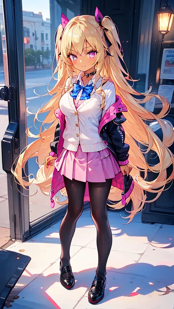 masterpiece,best quality,ultra detailed,
1girl, ((gyaru style outfits)), (pink school blazer jacket and light purple skirt), (dark skin:1.3), (blonde), very long silky hair, star eyes, shiny jet black pantyhose, big-breasts, 