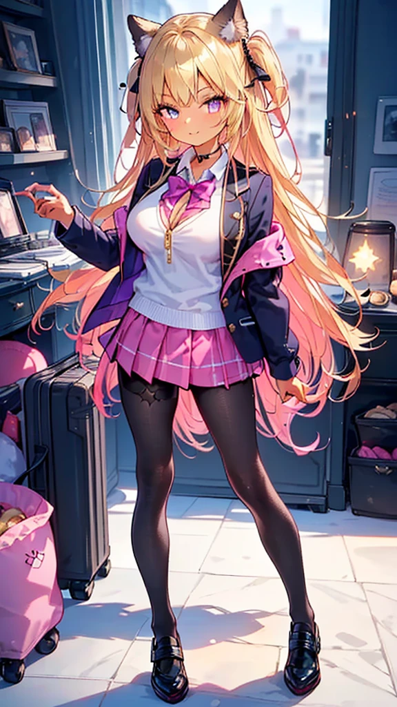 masterpiece,best quality,ultra detailed,
1girl, ((gyaru style outfits)), (pink school blazer jacket and light purple skirt), (dark skin:1.3), (blonde), very long silky hair, star eyes, shiny jet black pantyhose, big-breasts, 