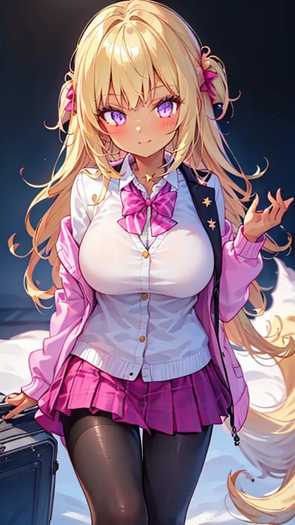 masterpiece,best quality,ultra detailed,
1girl, ((gyaru style outfits)), (pink school blazer jacket and light purple skirt), (dark skin:1.3), (blonde), very long silky hair, star eyes, shiny jet black pantyhose, big-breasts, 