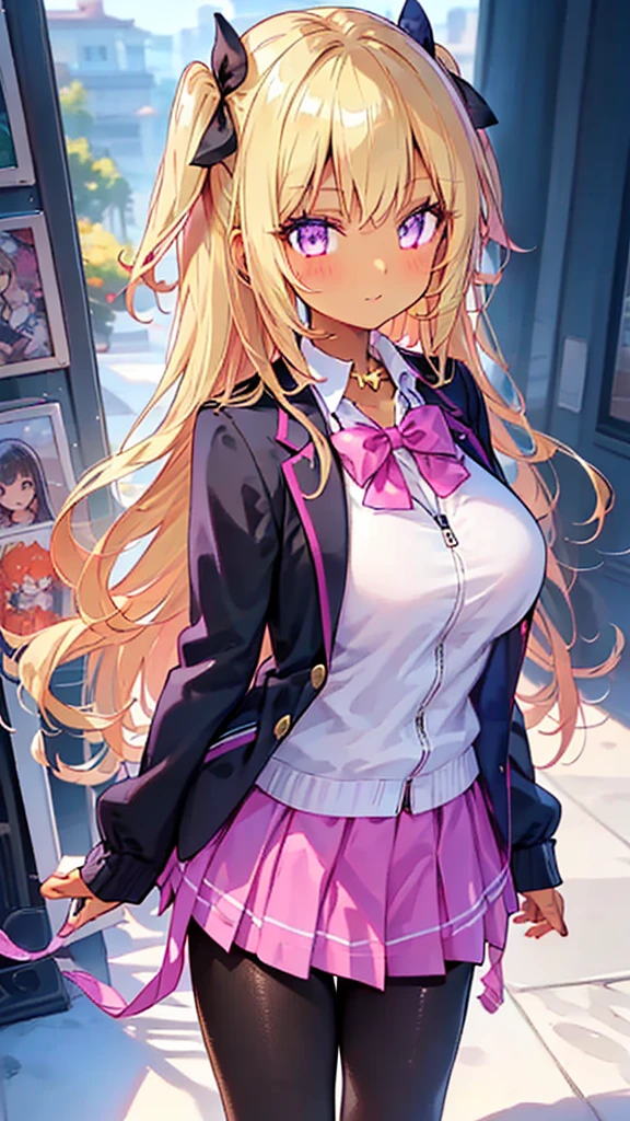 masterpiece,best quality,ultra detailed,
1girl, ((gyaru style outfits)), (pink school blazer jacket and light purple skirt), (dark skin:1.3), (blonde), very long silky hair, star eyes, shiny jet black pantyhose, big-breasts, 