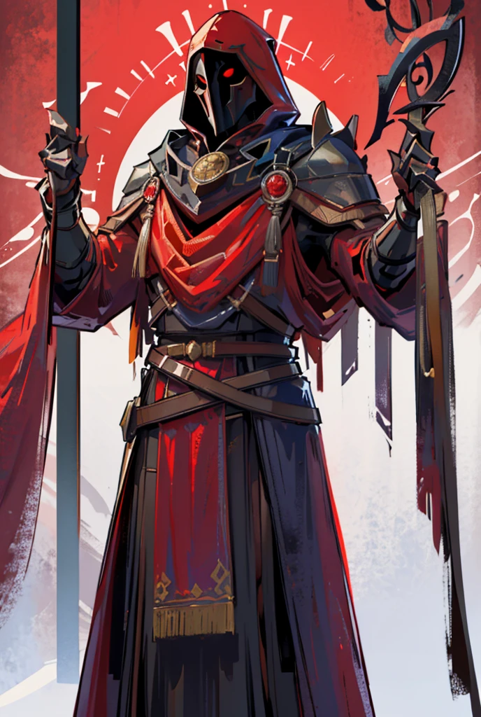 1boy, standing portrait, Central Focus, Centered, Fully in-frame, Solo, Standing still, zoomed out, Ritual Mask

Gender: male

Appearance: Ritual Mask, mysterious red-hooded figure in a long red cloak wearing a medieval knight chestplate and a mask with glowing runes over his entire face