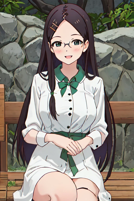 Best Quality, masterpiece,  Kampala, Alone, {Saito_maple_encouragementofclimb:1.15}, black_hair, Glasses, , length_hair, hairclip, hair_ornament, green_eye, smile, One ，Huge breasts, :d, ^_^, closure_eye, open_mouth，tits、Pussy， sex