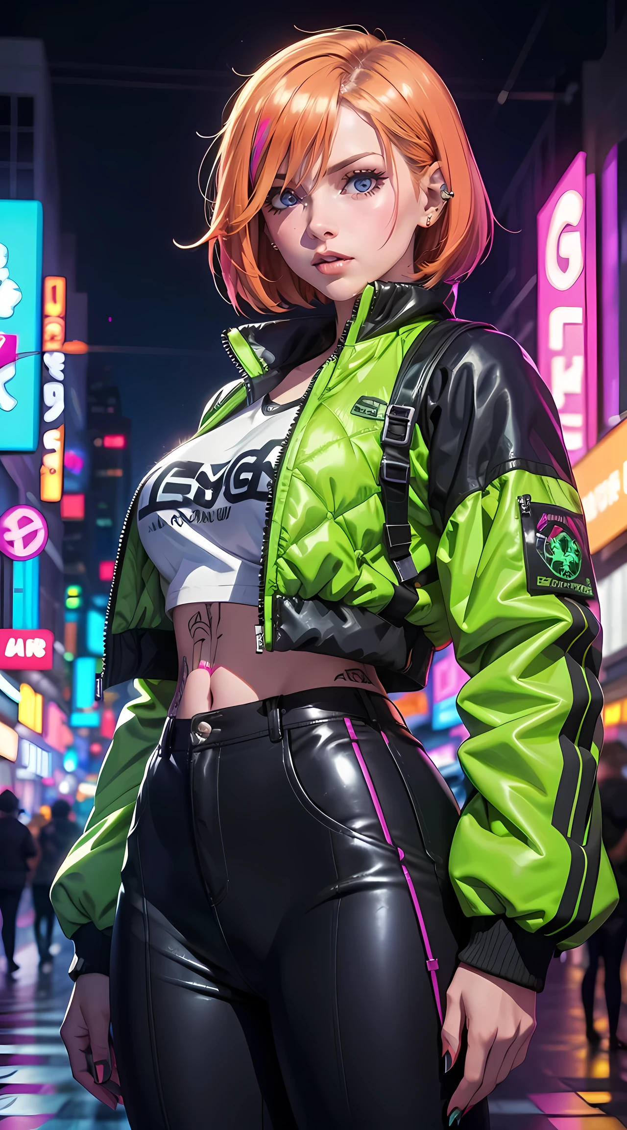 Beautiful short hair woman is shown to have a tiny figure, colorful hair, wearing future green cyber city clothes, big green colorful puffy jacket, lots of facial piercings, tattoos, neon city, cybernetics, she has blue eyes, sexy session, elegant posing, cowboy shot, superior quality, many details, realistic,