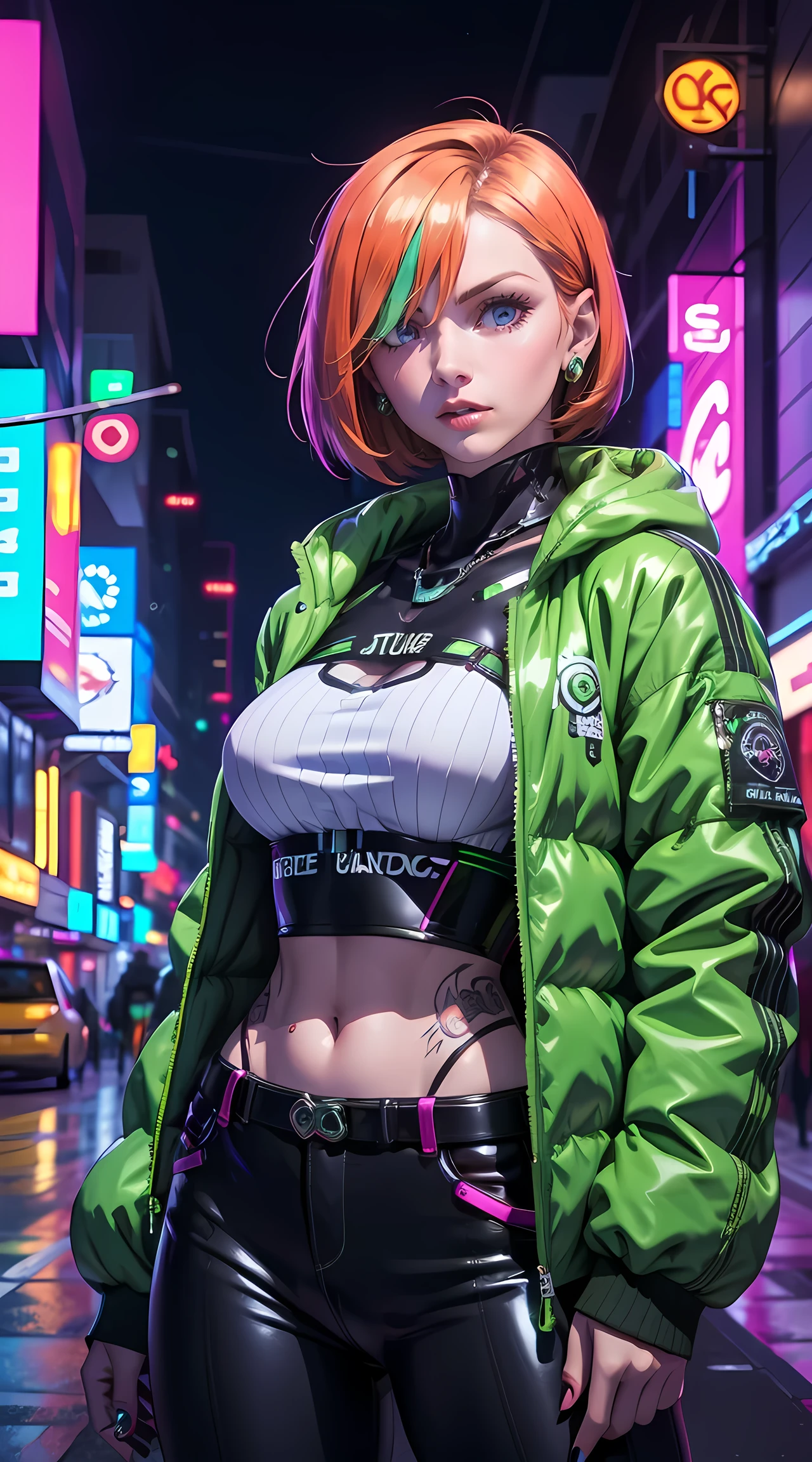 Beautiful short hair woman is shown to have a tiny figure, colorful hair, wearing future green cyber city clothes, big green colorful puffy jacket, lots of facial piercings, tattoos, neon city, cybernetics, she has blue eyes, sexy session, elegant posing, cowboy shot, superior quality, many details, realistic,