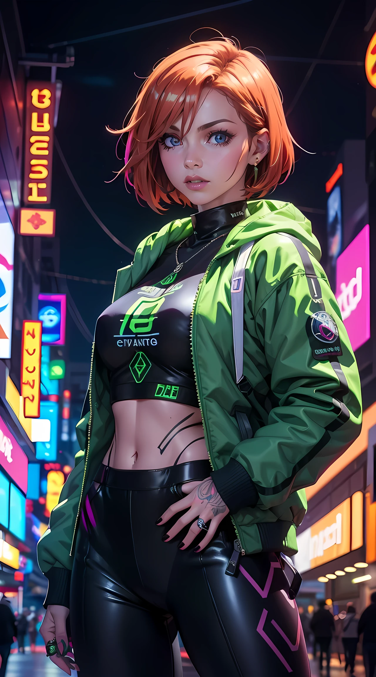 Beautiful short hair woman is shown to have a tiny figure, colorful hair, wearing future green cyber city clothes, big green colorful puffy jacket, lots of facial piercings, tattoos, neon city, cybernetics, she has blue eyes, sexy session, elegant posing, cowboy shot, superior quality, many details, realistic,