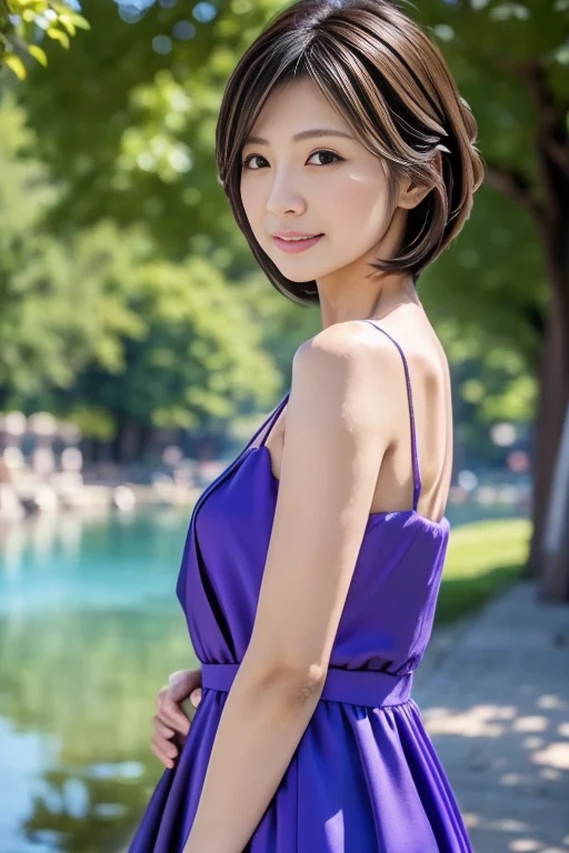 Best Quality, Realistic, Perfect Humailed,  so delicate and beautiful, RAW photo, プロフェッショナルillumination, illumination,  the depth of the boundary written , Single Focus, whole body, Skinny Japanese Women, 45-year-old woman, Brown Hair,  small head ,  beautiful eyes,  true face, Realistic skin, fine grain, (  fashionable hairstyle  : 1.3),Bust Emphasis、Sexy blue dress、Sexy purple dress、Lakeside、 random pose 、from random angles、whole bodyから接写まで様々What kind of shooting 
