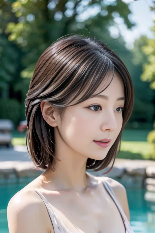 Best Quality, Realistic, Perfect Humailed,  so delicate and beautiful, RAW photo, プロフェッショナルillumination, illumination,  the depth of the boundary written , Single Focus, whole body, Skinny Japanese Women, 45-year-old woman, Brown Hair,  small head ,  beautiful eyes,  true face, Realistic skin, fine grain, (  fashionable hairstyle  : 1.3),Bust Emphasis、Sexy blue dress、Lakeside、 random pose 、 from random angles、whole bodyから接写まで様々What kind of shooting 
