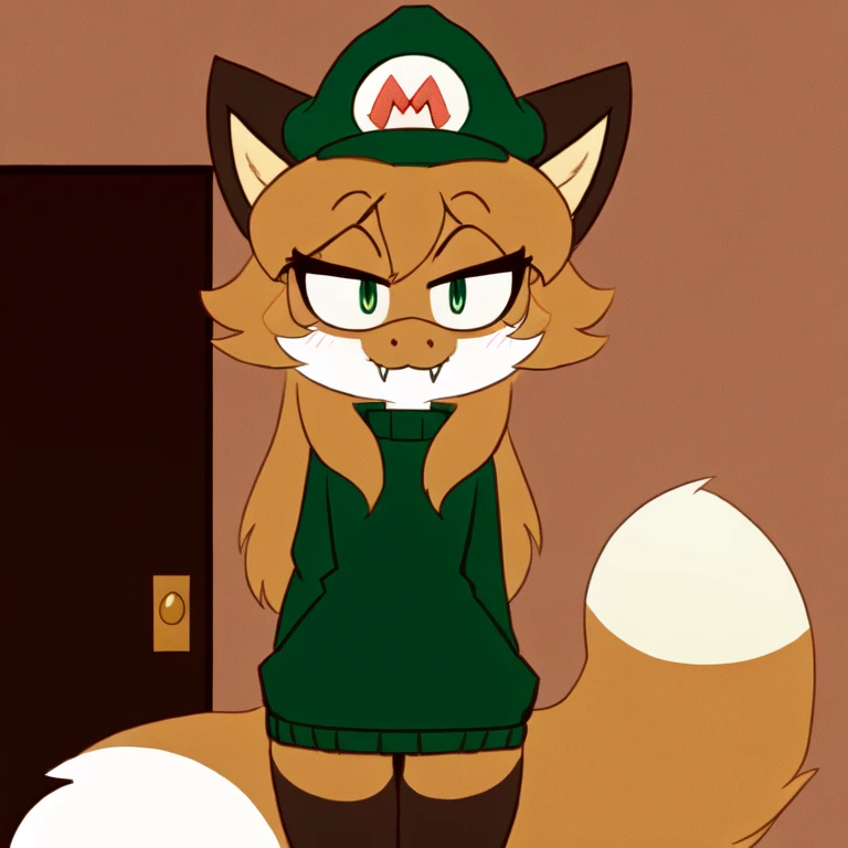 uploaded the e621, beautiful and detailed, woman (((female))) ((anthro)) Fox, (Averi, Fox girl), cinematic lighting, Fox, (anthro, fluffy fur), anthro fox girl, body fur, curvy, sexy, nice, cute, hot, comfortable anime-style cartoon-style, digital drawing, SFW, flat chest, green eyes, nervous smile, sassy, sassy hips, smug, fangs, looking at viewer, (peeking from behind a corner), wearing comfy green sweater, ((wearing Super Mario's hat))