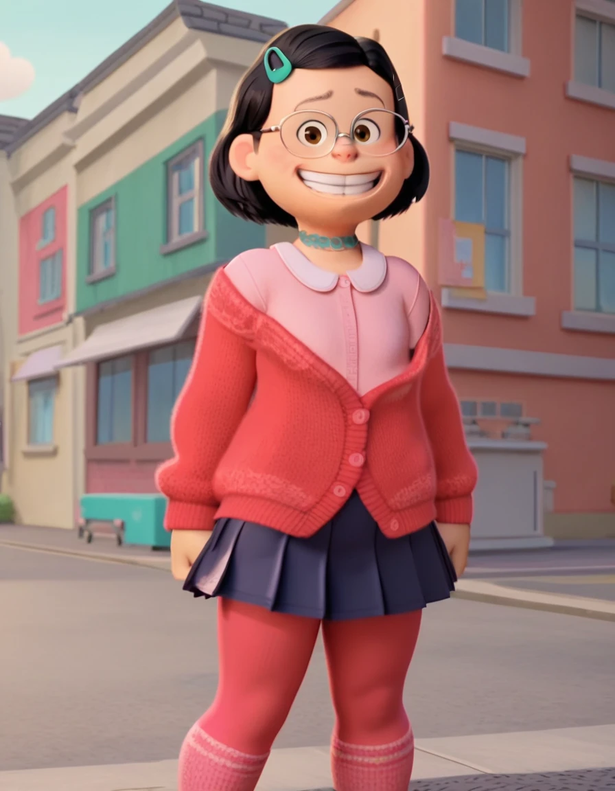 zpdxl, zPDXLxxx, light smile, 

m_l, 1girl, small_body, plump, brown eyes, short hair, black hair, glasses, mint hairpin,
Red Cardigan,
Pink Shirt,
Red Leggings,
Blue Pleated Skirt,
Gothic Lace Choker,
Small Pink Socks,
White Skechers,

score_9, score 8, score 7, score 6,

1 girl, flat chest, source_cartoon, toony, screencap, 3d, 

looking on viewer, 