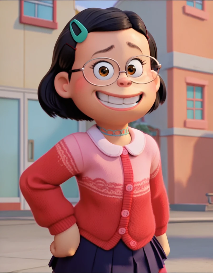 zpdxl, zPDXLxxx, light smile, 

m_l, 1girl, small_body, plump, brown eyes, short hair, black hair, glasses, mint hairpin,
Red Cardigan,
Pink Shirt,
Red Leggings,
Blue Pleated Skirt,
Gothic Lace Choker,
Small Pink Socks,
White Skechers,

score_9, score 8, score 7, score 6,

1 girl, flat chest, source_cartoon, toony, screencap, 3d, 

looking on viewer, 