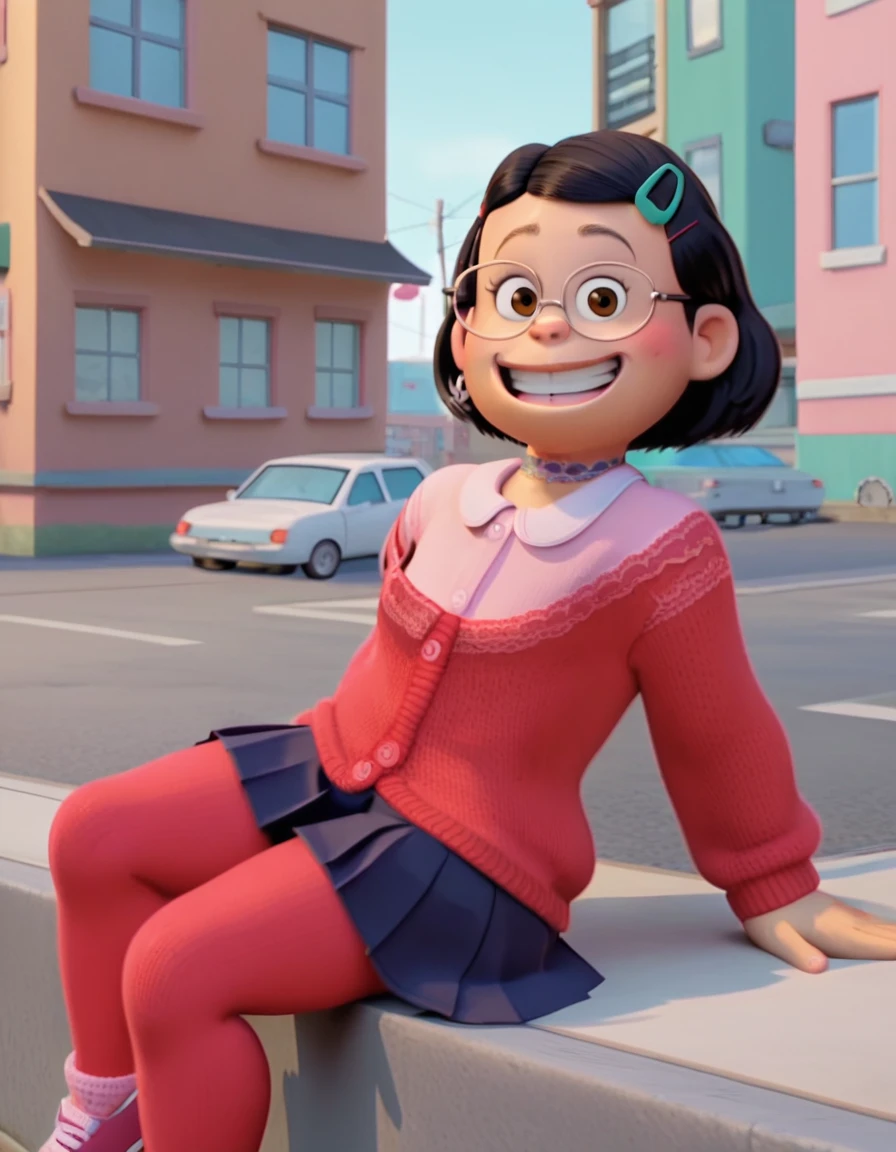 zpdxl, zPDXLxxx, light smile, 

m_l, 1girl, small_body, plump, brown eyes, short hair, black hair, glasses, mint hairpin,
Red Cardigan,
Pink Shirt,
Red Leggings,
Blue Pleated Skirt,
Gothic Lace Choker,
Small Pink Socks,
White Skechers,

score_9, score 8, score 7, score 6,

1 girl, flat chest, source_cartoon, toony, screencap, 3d, 

looking on viewer, 