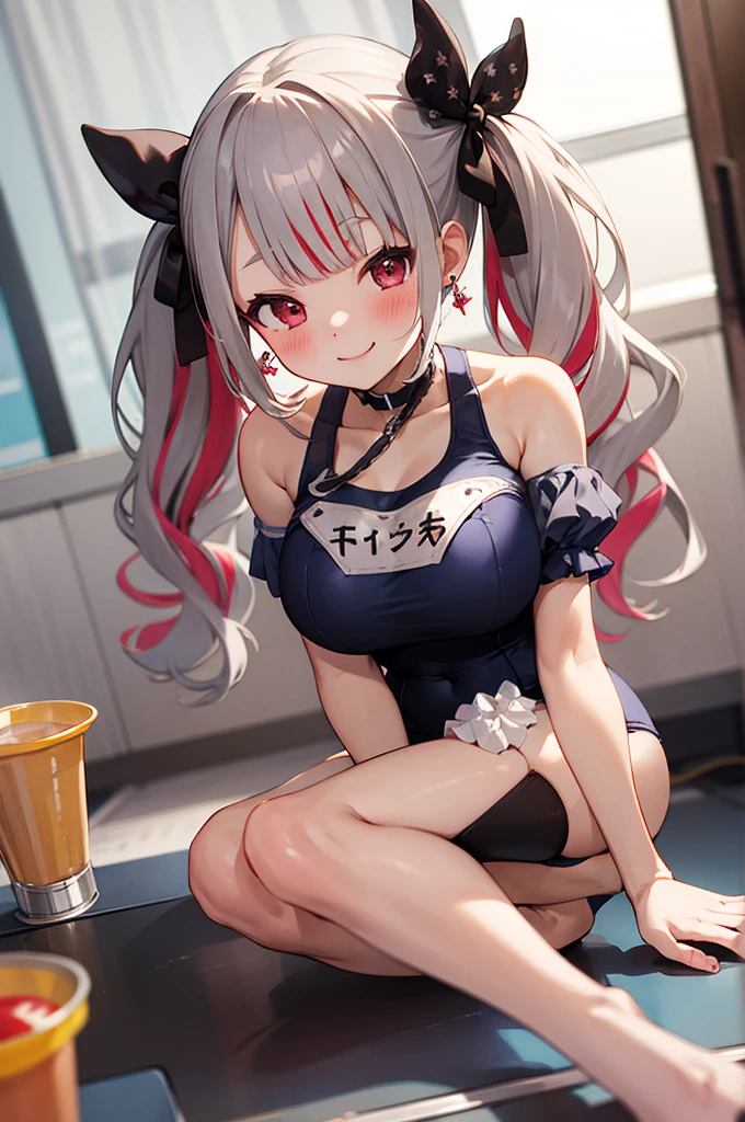 hmnab,  Multicolored Hair,  hair bow,  twin tails, earrings with cups,  puff sleeves,,,smile, clevis, blush, Large Breasts,  school swimsuit