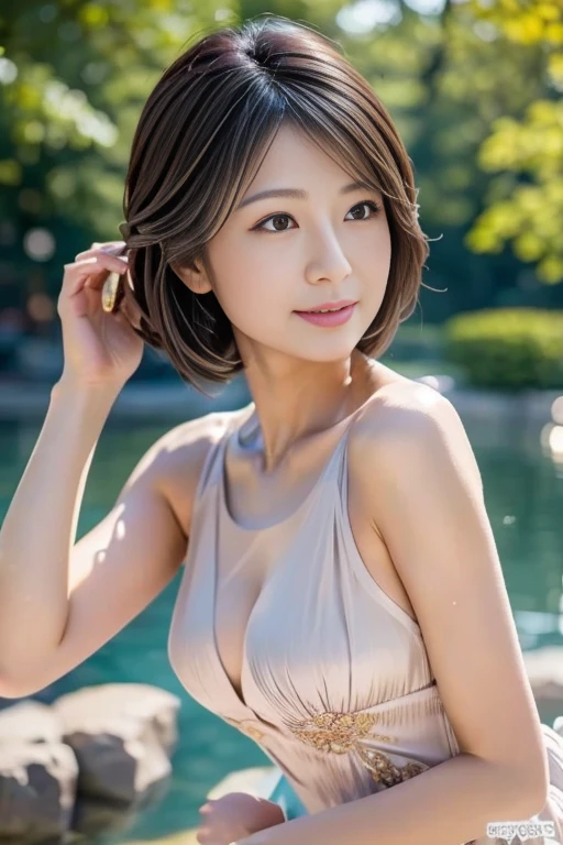 Best Quality, Realistic, Perfect Humailed,  so delicate and beautiful, RAW photo, プロフェッショナルillumination, illumination,  the depth of the boundary written , Single Focus, whole body, Skinny Japanese Women, 45-year-old woman, Brown Hair,  small head ,  beautiful eyes,  true face, Realistic skin, fine grain, (  fashionable hairstyle  : 1.3),Bust Emphasis、( Sexy Dress、Color is random:1.2)、Lakeside、 random pose 、 from random angles、whole bodyから接写まで様々What kind of shooting 
