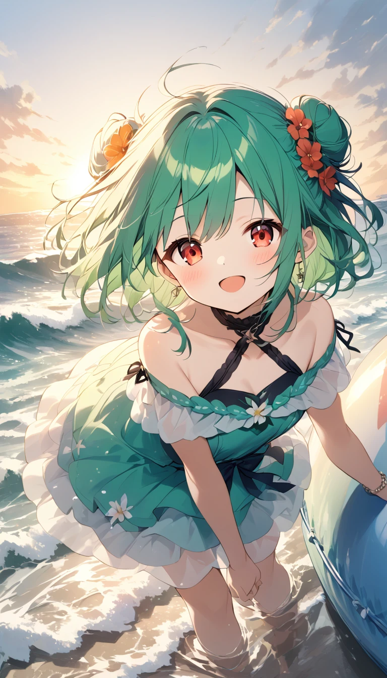 (((Young Girl)))、(( 1 Girl)),( Red Eyes),（Short stature）,(( emerald green hair ))、( bun hair )、Young appearance、(( swimsuit))、 in the water 、(((Girl ride on the beach float)))、Vector art、spirit of the wind、Backlight、Bright in backlight、Sun behind、Summer sky、cumulonimbus、He has his hands behind his back and is leaning forward, looking at me.、Narrowed eyes and a happy look、cheek、Waves crashing against the breakwater、The waves splash and the water shines beautifully.