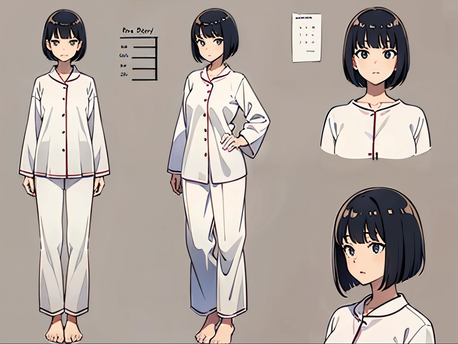 Full body, plain white pajamas, black bob cut, standing, character sheet