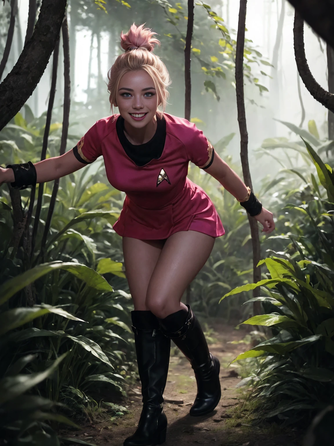 1girl, pale skin, blonde hair with pink highlights in a topknot mohawk hairstyle, beautiful detailed blue eyes, small bust, heavily tattooed, color tattoos, light smile, freckles, fang out, wearing a startrektos dress, calf-high black boots, running through a jungle planet, (best quality,4k,8k,highres,masterpiece:1.2),ultra-detailed,(realistic,photorealistic,photo-realistic:1.37),sci-fi,vivid colors,studio lighting,physically-based rendering,extreme detail description