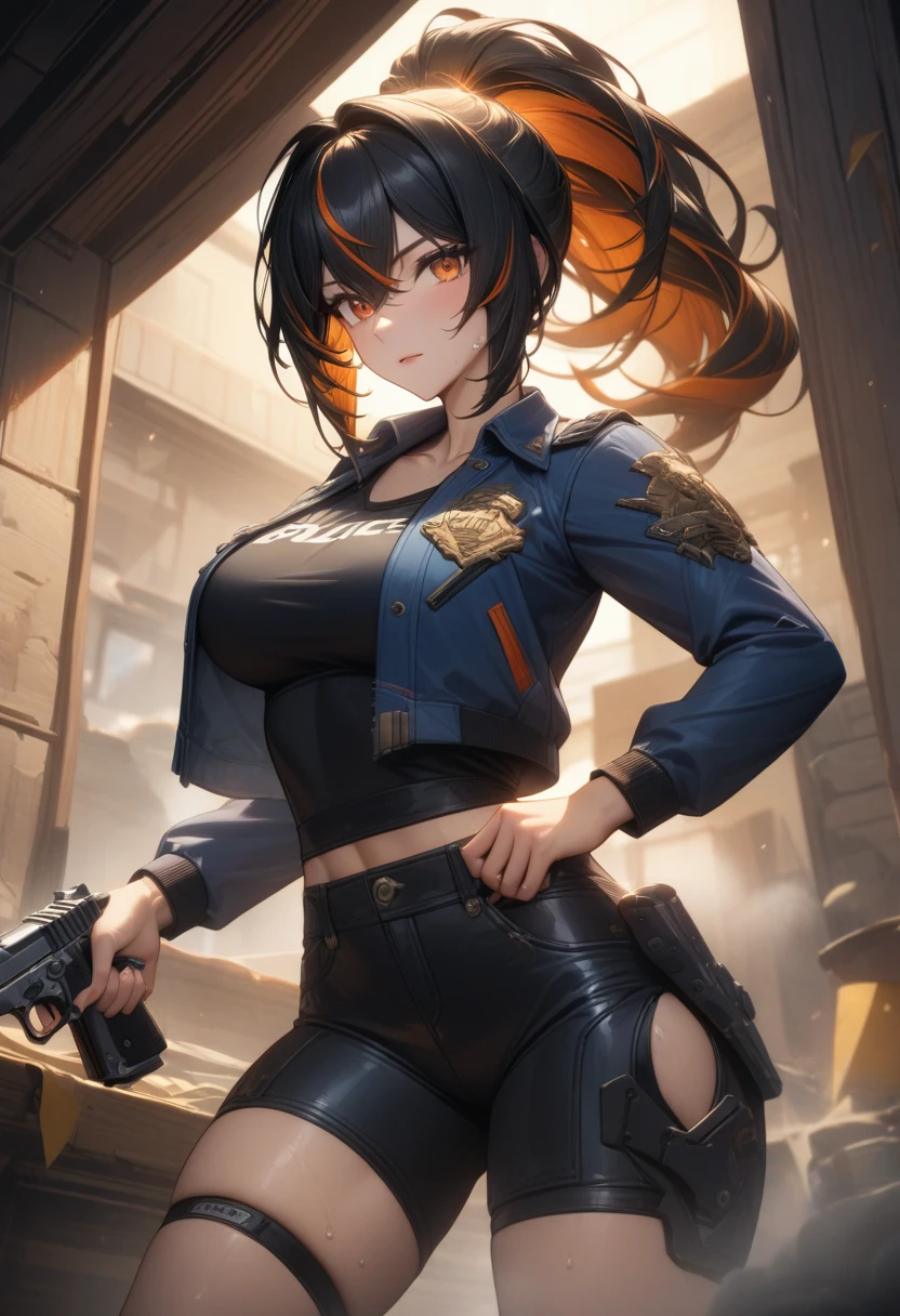 masterpiece,best quality,high resolution,8k,ultra HD,wallpaper,illustration,perfect face,cowboy shot,beautiful detailed eyes,extremely detailed face,perfect lighting,extremely detailed CG,perfect anatomy,perfect body,perfect hands,perfect fingers,1woman,full body,,muscle fighter body,(black long ponytail hair with orange mesh line hair:1.5),orange eyes,large breasts,Medium ass,,(blue open police jacket inner white shirt),black short hot pants,clothed,,collarbone,,looking at viewer,(single silver desert eagle),Steam,sweat, home,(Zenless Zone Zero character Zhu Yuan),adult,bring one's desert eagle to the ready,white bike riding gun shoot,