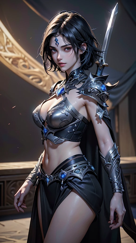 Carrying a legendary sword、(((Heroic character with silky blue bobbed hair)))。 The main character is a narcissist and grins.、I have a mole on my cheek、embodies a unique blend of charm and confidence。 Hero's clothes、It combines classic hero outfits with stylish modern elements。 Finely crafted swords glow with magical energy。 The background is、Reflects an epic adventure with a sense of epic fantasy and heroism。