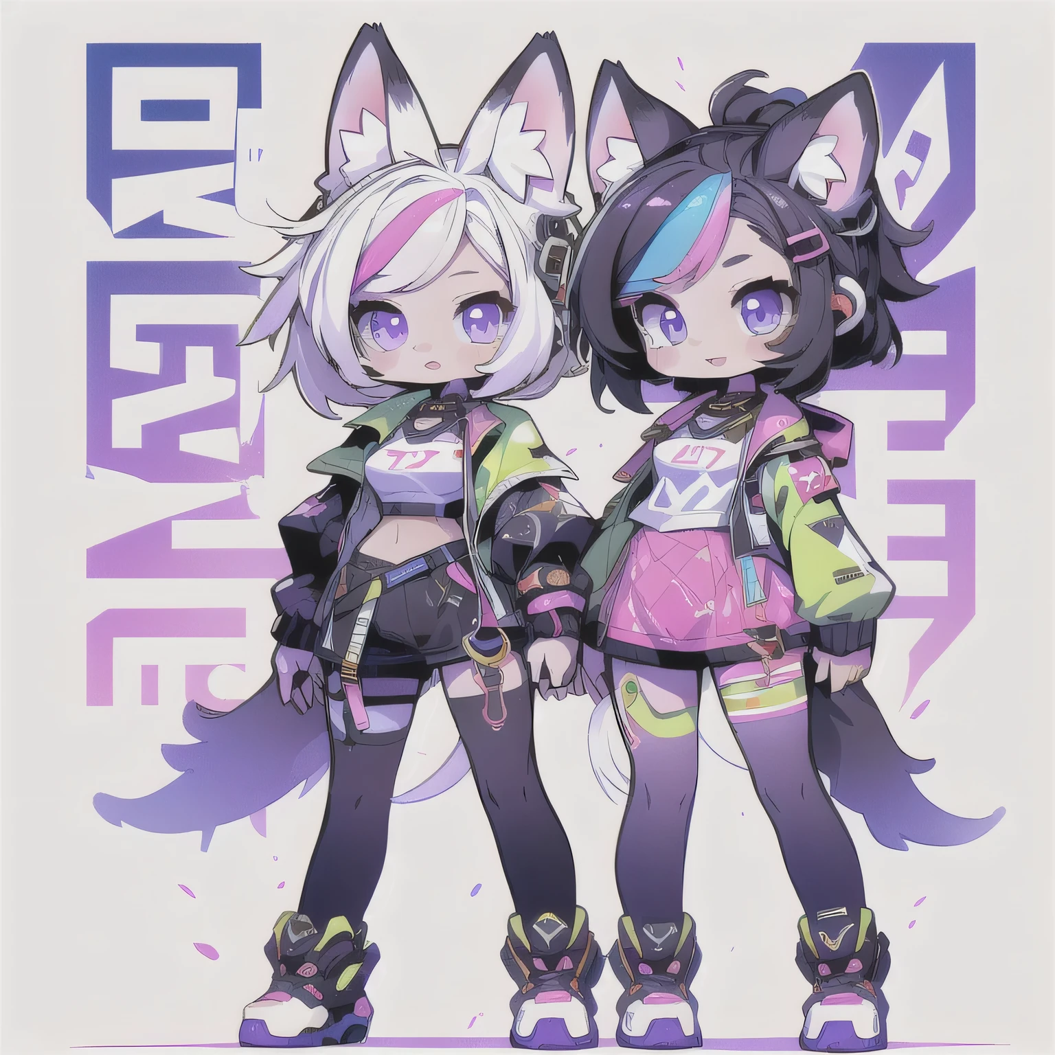  Female hairy purple fox  ,  fox ears, fox tail ,  workout clothes  ,  wide hips  , White Skin Body , simple background , Whole body, standing, Chibi. (cyberpunk style), ( masterpiece ,  high quality  ,  best quality, 8k,  High resolution), ((estilo Chibi, Chibi cute)), (Alone, a girl ), {fox girl, Fox Face, 2 fangs  , long eyelashes, eyeliner} { fox mustaches  }, (((  Fox skin over body  ,  fox stripes on the body  , visible ears  ))), ((  Long rainbow hair  )), hair clip, [[hair clip Cyberpunk]], ((very happy)), ((open mouth)), [Rainbow pupil  ], ((looking up)), (very small breasts), thin arms, (  arm down), armpits, ((Mini T-shirt,  full white t-shirt  )), { Calsa Legging brancos }, {{{  mini tiger tail  ,  tail on the back  }}}, (((  Blow from above the body  ))), (((standing,  choppy heel angle  ))),  dynamic pose  , white background, simple background , ((((  Tora-chan style in Hanayome )))), ((  Dazzling vivid color  )), ANIME STYLE, Sleeve color  . masterpiece , perfect anatomy.