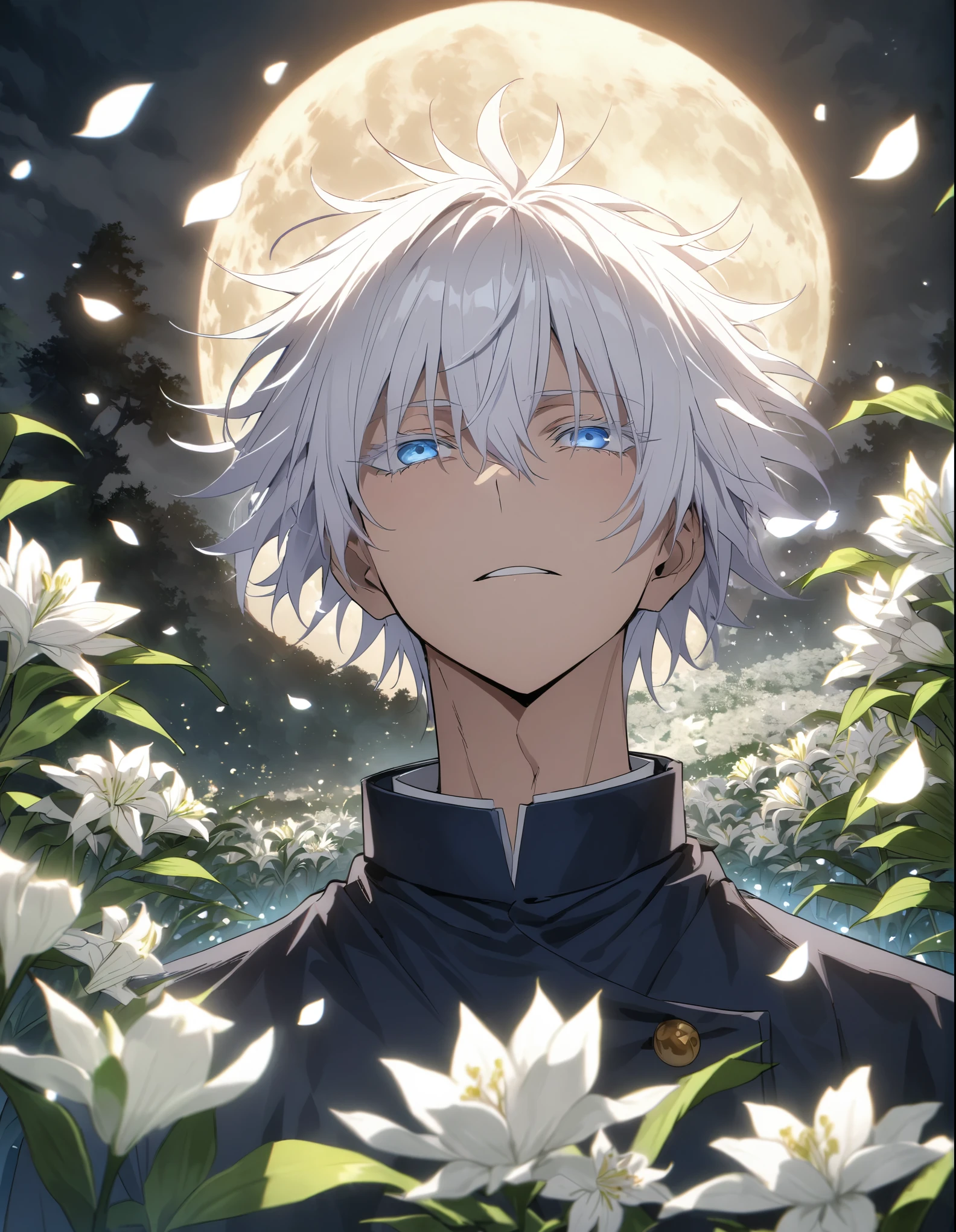 absurd, high definition , overdetailed , HDR, masterpiece, Best quality, man, One, Gojo Satoru , white hair with bangs , expressive blue eyes, hair between eyes , white eyelashes, Jujitsu Kaisen , 1 person, Beautiful, petals , white lilies, moon, fireflies