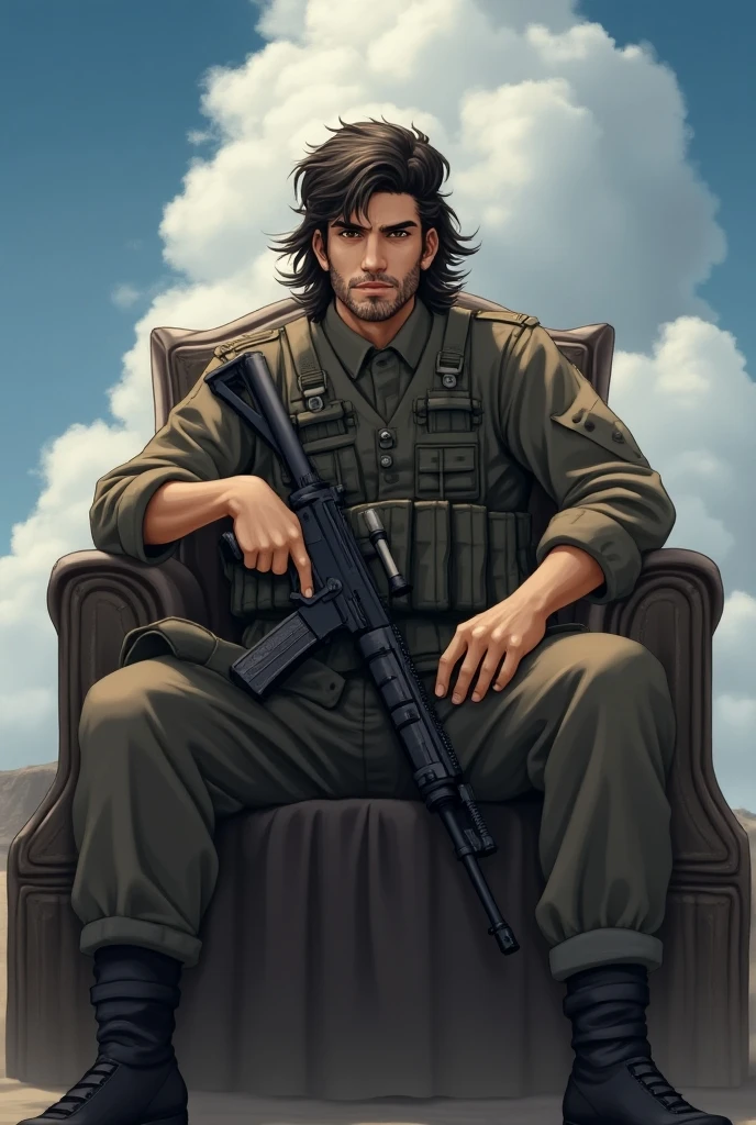   sitting on a chair holding his gun,  his eyes are serious and his mouth is closed  (Anime art) ()(Anime art)(This is some text to translate.&#39;A cloudy Arab soldier  )