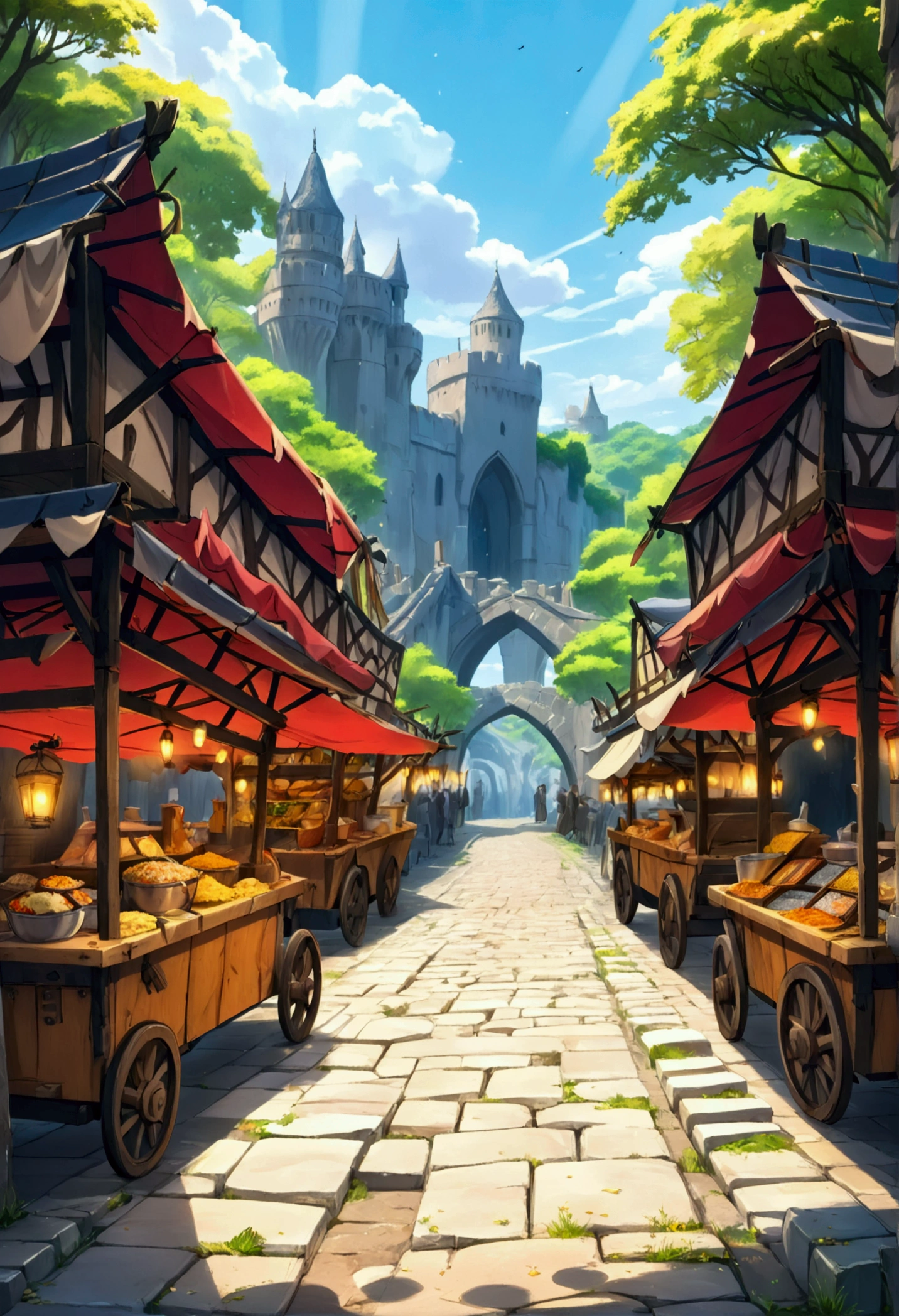 medieval food cart on a broken road, ((Dramatic studio lighting)), ((Fine lines)), ((Highly detailed)), ((Stunning graphics)), ((Detailed strokes)), ((Atmospheric)), ((Blurred background)), ((Ultra-fine 2D design)), ((Creative scenery)), ((Highly detailed anime painting)), ((Best quality 2D strokes)), ((Best quality)), ((Sharp focus)), ((High-octane rendering)), ((8K anime style)).