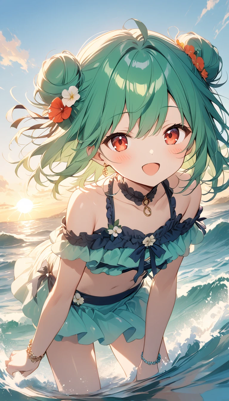 (((Young Girl)))、(( 1 Girl)),( Red Eyes),（Short stature）,(( emerald green hair ))、( bun hair )、Young appearance、(( swimsuit))、 in the water 、(((Girl ride on the beach float)))、Vector art、spirit of the wind、Backlight、Bright in backlight、Sun behind、Summer sky、cumulonimbus、He has his hands behind his back and is leaning forward, looking at me.、Narrowed eyes and a happy look、cheek、Waves crashing against the breakwater、The waves splash and the water shines beautifully.