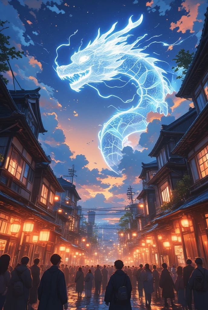 artistic pictures,The stage is above Hanamikoji in Kyoto.,A warm atmosphere surrounded by wooden townhouses,The time period from evening to night,(A Chinese dragon depicted in hologram light is flying.,Translucent holographic Chinese dragon rendered with electronic light,Light particles are scattered around the Chinese dragon.,You can only see the dragon's face and part of its body.,Part of the body is hidden by the clouds,(The dragon's body protrudes from the work.),There are many tourists on the cobblestone streets of Hanamikoji, looking up at the sky.,A digital art work that gives you a sense of tradition and the future.,express light,fantastic,like a dream,depth of field