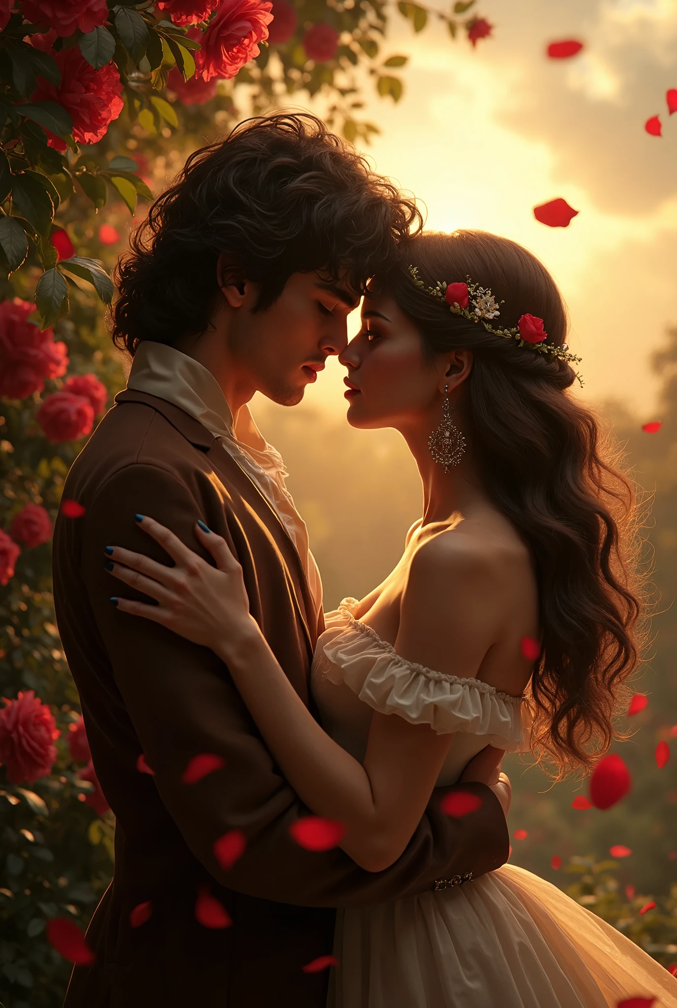 a romantic scene from Romeo and Juliet, two lovers embracing, rose petals falling, dramatic lighting, dramatic backlit lighting, glowing ethereal lighting, photorealistic, detailed lovers' faces, beautiful detailed eyes, beautiful detailed lips, flowing hair, dramatic romantic pose, lush garden background, rose bushes, dramatic sky, epic scale, cinematic, (best quality,4k,8k,highres,masterpiece:1.2),ultra-detailed,(realistic,photorealistic,photo-realistic:1.37)