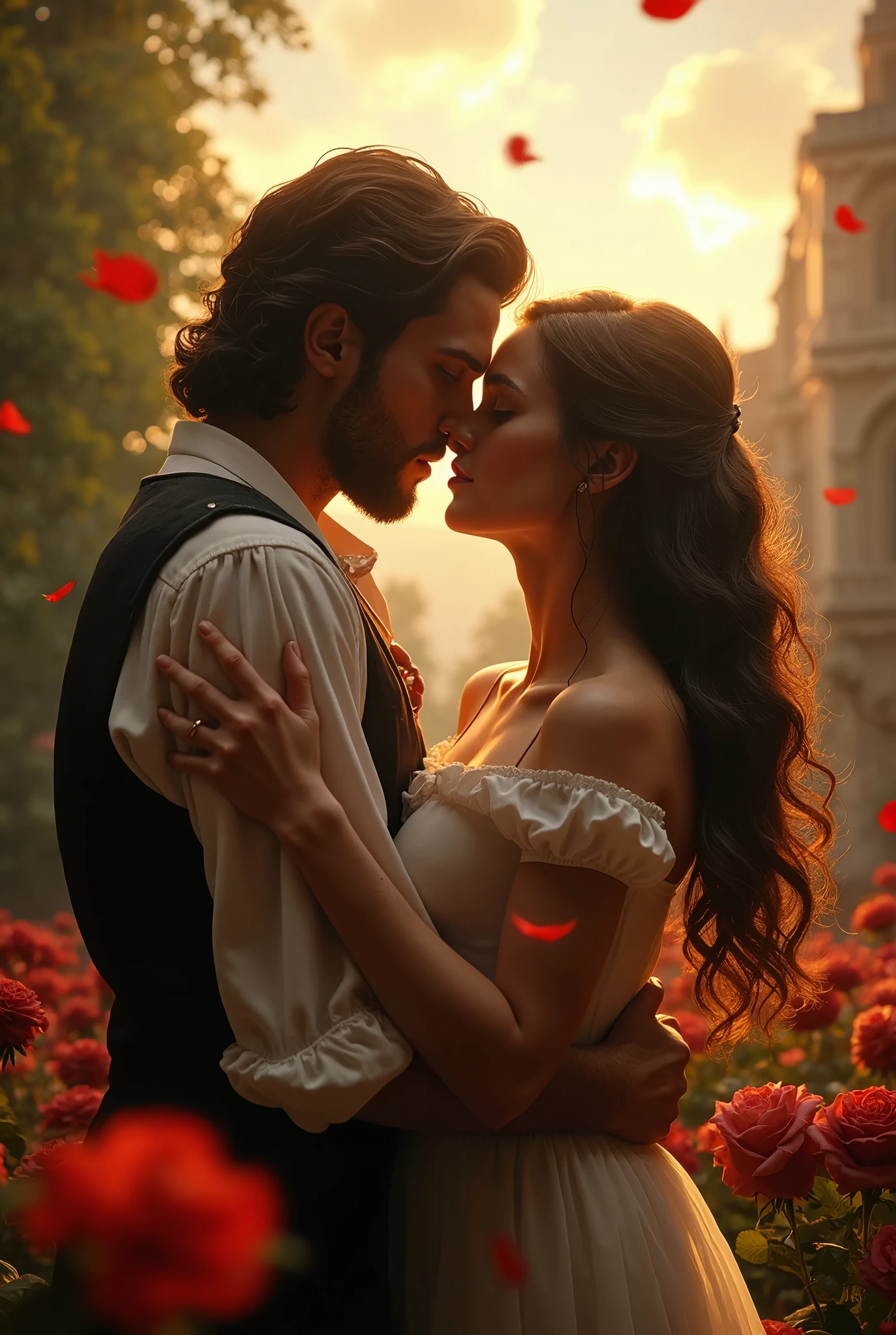 a romantic scene from Romeo and Juliet, two lovers embracing, rose petals falling, dramatic lighting, dramatic backlit lighting, glowing ethereal lighting, photorealistic, detailed lovers' faces, beautiful detailed eyes, beautiful detailed lips, flowing hair, dramatic romantic pose, lush garden background, rose bushes, dramatic sky, epic scale, cinematic, (best quality,4k,8k,highres,masterpiece:1.2),ultra-detailed,(realistic,photorealistic,photo-realistic:1.37)