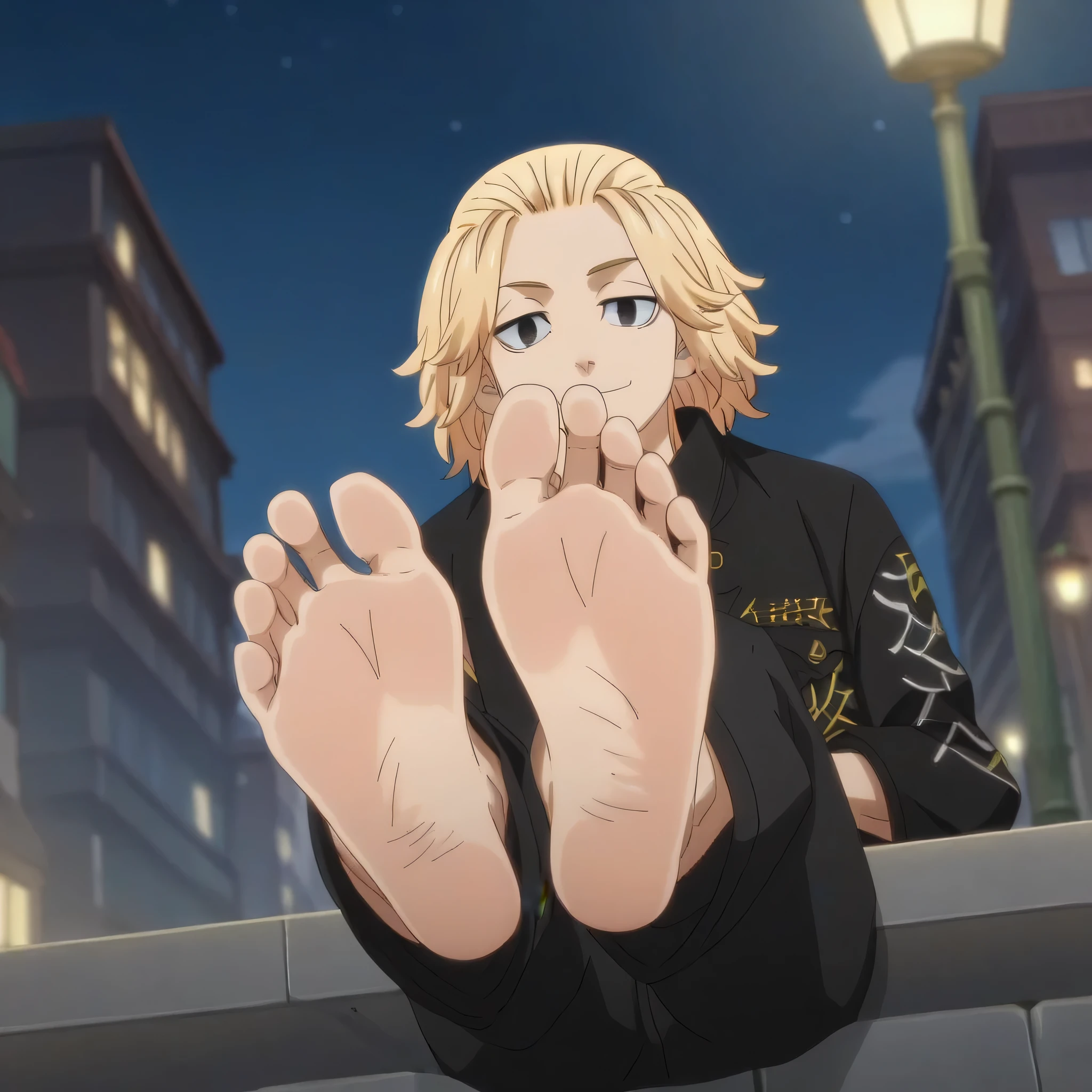 score_9, score_8_up, source_anime,
1boy, Manjirou Sano, blonde hair, happy face, black pants, black jacket, sitting, alone, looking at viewer, cowboy shot, ANIME SCREENCAP, anime coloring, in the city at night, barefoot, perfect feet, anatomically correct, soles, low angle, focal length 35mm, each foot has five toes, front, symmetrical soles, foot focus