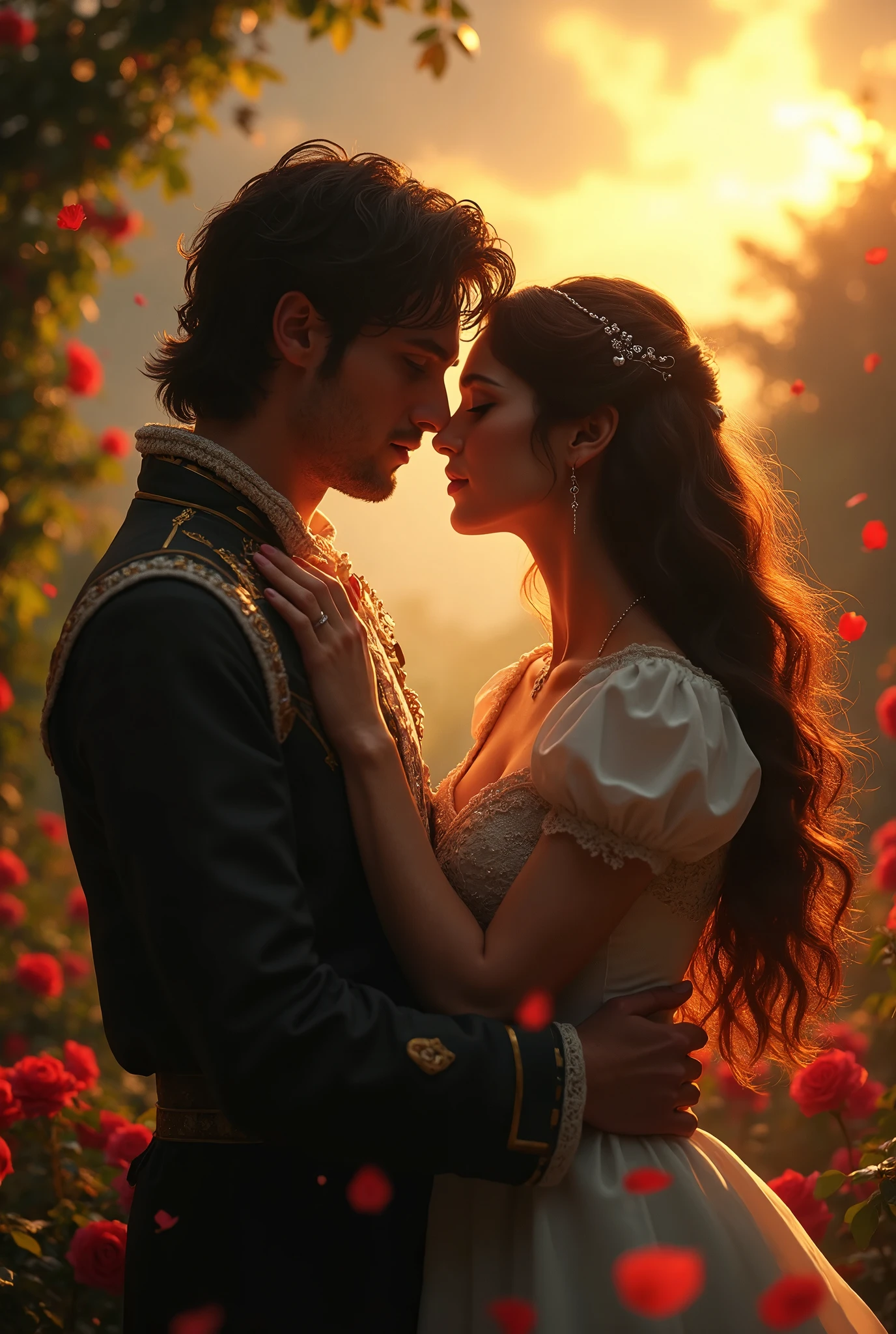 a romantic scene from Romeo and Juliet, two lovers embracing, rose petals falling, dramatic lighting, dramatic backlit lighting, glowing ethereal lighting, photorealistic, detailed lovers' faces, beautiful detailed eyes, beautiful detailed lips, flowing hair, dramatic romantic pose, lush garden background, rose bushes, dramatic sky, epic scale, cinematic, (best quality,4k,8k,highres,masterpiece:1.2),ultra-detailed,(realistic,photorealistic,photo-realistic:1.37)