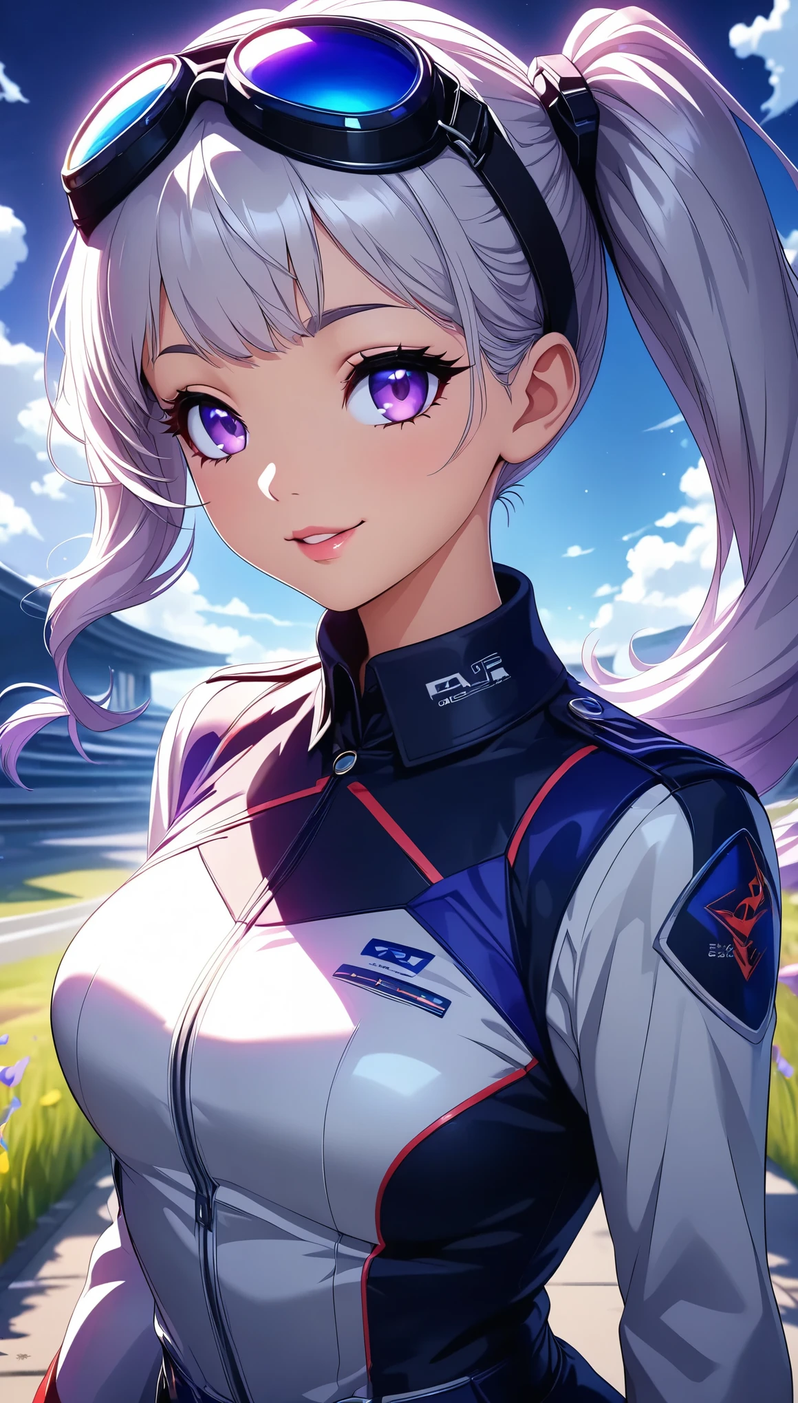  1 Girl, Alone, \ characters " atlus"\, ROUGH, ((cute face, Silver Hair,  long side ponytail, Glossy lips, Light purple eyes, Beautiful irises, Beautiful eyes and lips,  long eyelashes )), smile,  goggles on head,  pilot uniform ,  standing , aircraft background ,  Viewers, Warm sunshine,  bright color, (Best Quality:1.2,  very detailed,  ultra high resolution,  anime style,  Detailed CG Illustrations , masterpiece:1.2),  Intricate Details, natural environment, Chiaroscuro,  soft focus .