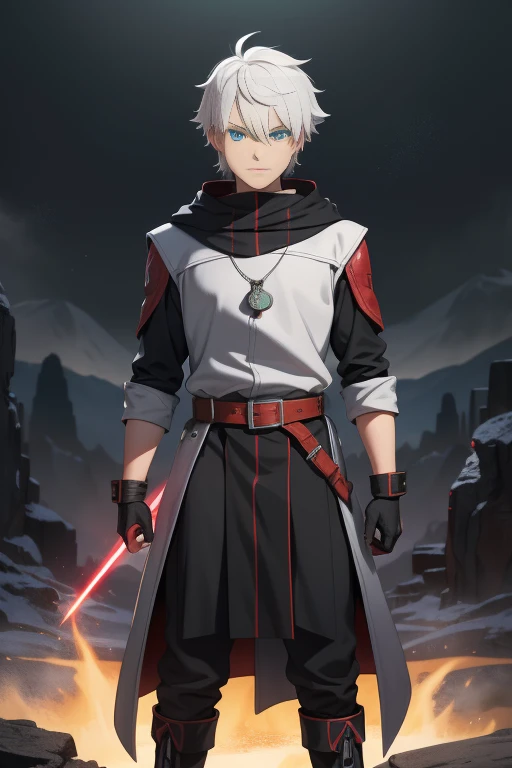 Male, Young Male, Teen Male, , Slim Muscular Build, White Hair, Messy Hair, Dual-colored Eyes (Deep Red Right Eye, Light Blue Left Eye), Intense and Kind Expression, Black Battle Outfit with Metallic Silver Details, Long Black Coat with Hood (not worn), Black Leather Gloves with Glowing Inscriptions, Black Leather Belt with Dual Symbol Buckle, Creation and Destruction Amulet, Black Bracelets with Crimson and Turquoise Accents, White Glow Aura with Dark and Light Flickers, Shimmering Trail on Ground, Right Arm Dual Symbol Tattoo, Calm and Focused Expression, Confident Smirk, Reflective Pose, Heroic Aura, Medieval City Setting, ((absurdres)), hd, uhd, (((HDR))), ((best quality)), (ultra high quality), (hi-res), ((1boy)), alone, facing camera, ((looking at viewer)),