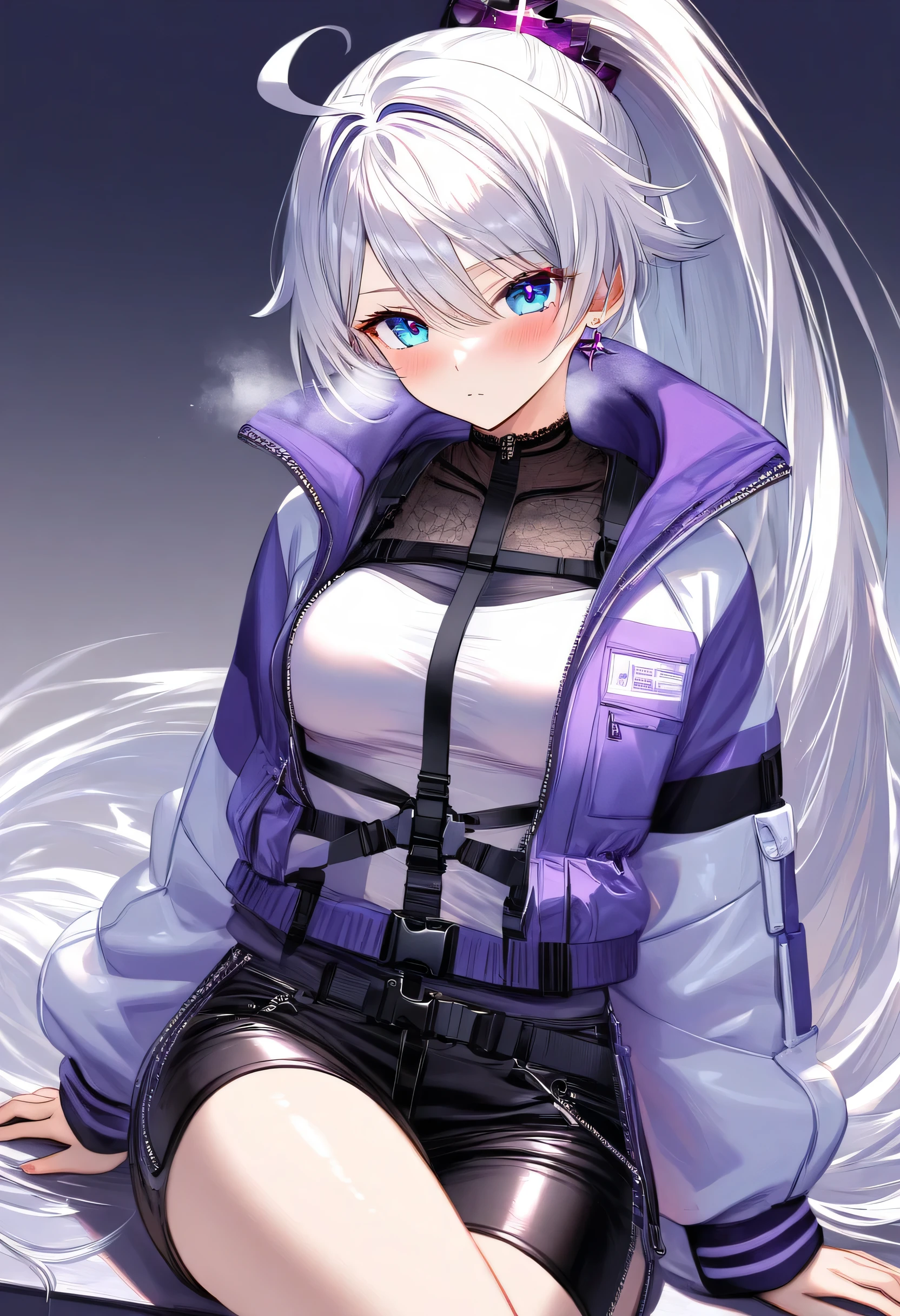 1girl, adult grown woman, kiana kaslana \(honkai impact 3rd\), herrscher of finality, white hair, ahoge, ponytail, very long hair, blue eyes, purple pupils, medium breast, skinny skin, blush, closed mouth, heavy breathing, (layered jacket:1.6), (high-tech streetwear:1.5), (metallic zippers:1.6), (harness details:1.5), (utility-inspired design:1.4), (oversized jacket:1.5), (mesh undershirt:1.4), (layered shorts:1.5), (intricate patterns:1.3), (reflective accents:1.5), (gothic and industrial fusion:1.4), pantyhose, crossed legs, sitting in a chair, sitting, (masterpiece:1.2), (best quality:1.2), (very aesthetic:1.2), (absurdres:1.2), (detailed background), (detailed face:1.1), best quality, beautiful detailed eyes,