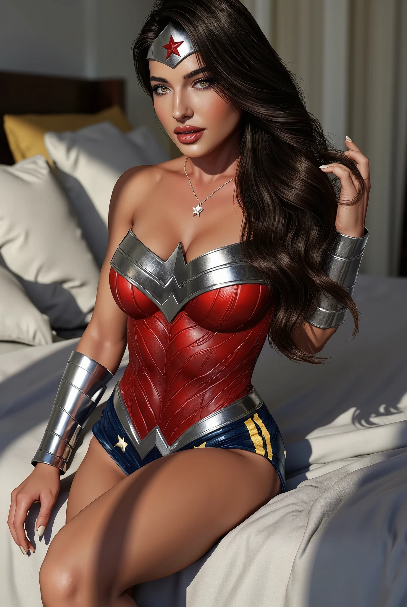 (masterpiece, best quality:1.2), Sexy Wonder Woman laying on bed