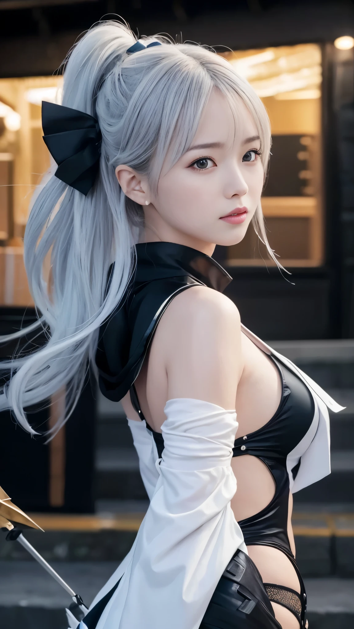 masterpiece、Best Quality、 ultra high resolution、 Ultra HD,aesthetic、8k、 ( photorealistic :1.4)、Silver Hair  , Japanese Chest、Onmyoji,鮮やかなOnmyojiのコスプレ、Colorful:1.2、 revealing clothes that show off your back, night .Degrees of Freedom:1.8、Super big breasts:1.8、Small waist、 octane rendering 、超A high resolution、8k、Unreal and dynamic、Surreal、 absurd、Dynamic action shots、During combat、In flames、Swirl、Fire Attack、(( smartly constructed ))、 Portrait 、Super sharp、Realistic textured face and skin、 beautiful symmetrical face 、Half-open mouth、( perfect anatomy)、CGSoation Trend