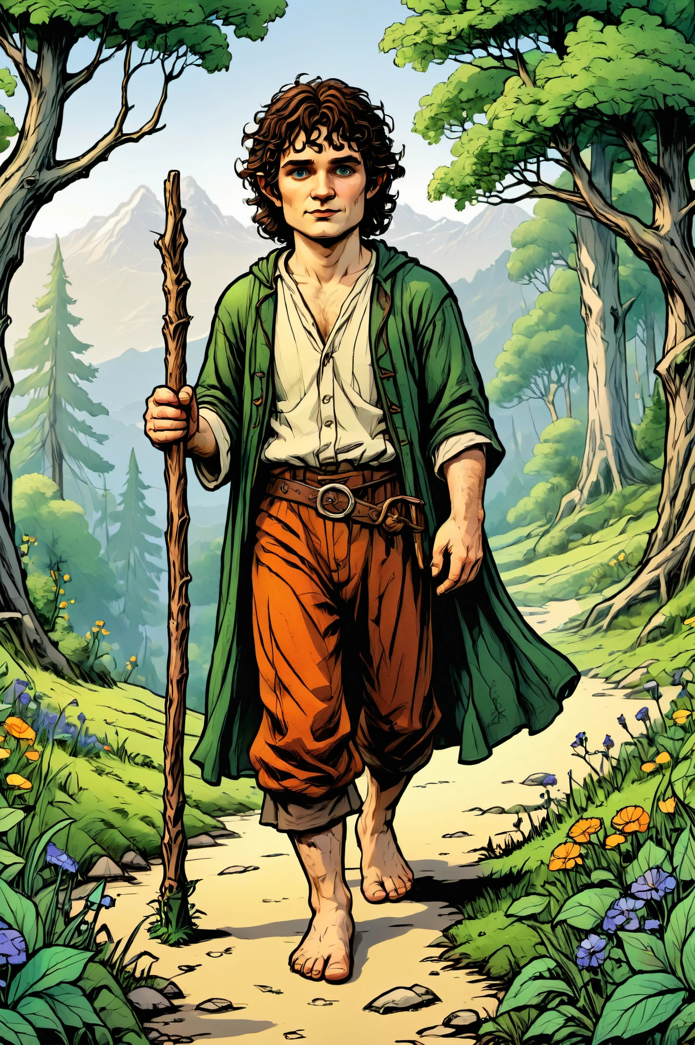 A (detailed, hand drawn comic book illustration style:1.5), (full body visualization:1.4) of a single character whose physical appearance is inspired by (Frodo Baggins from the Lord of the Rings:1.5). (The entire figure of the character is visible in the image:1.4). The character is wandering through nature (barefoot:1.5), with a walking stick in hand. The image is made with saturated colors aligning with the character's physical appearance. The character's textures are detailed, contrasting the background.