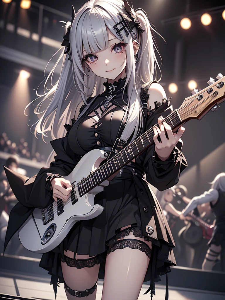 8k, Best Quality, The real picture,  complicated details, Very detailed,  ultra high resolution,  depth field , ( realistic, realistic),  table top to cover upper arms, (( Full Body Shot )), (((( standing and playing electric guitar)))), ((( 1 girl))), eye_Chan,  so beautiful, innocent big eyes, Beautiful breasts, 非常に詳細なeye, (Beautiful breasts), ((Silver Hair)), ( short semi long hair), ( asymmetrical bangs), Perfect Skin, Fair skin, Small breasts, Tight waist, Alone, ( Stares at Viewers), (smile), ((Gothic Punk Fashion)), ( Black Micro Mini Tight Skirt), (Standing in the concert hall )