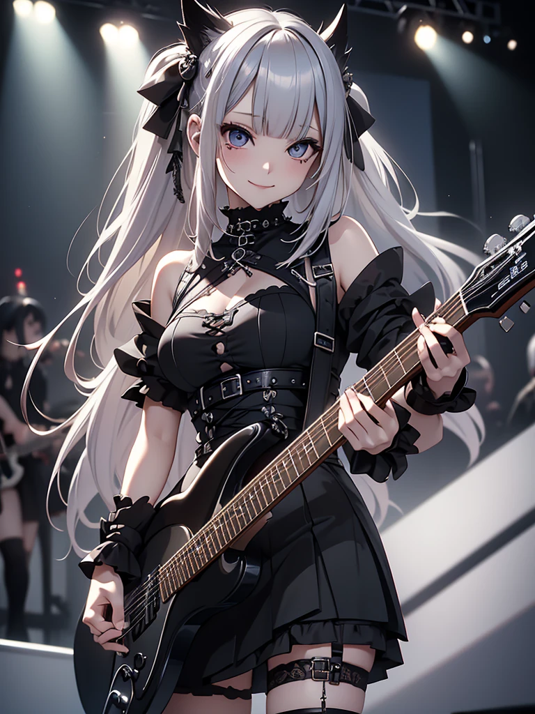 8k, Best Quality, The real picture,  complicated details, Very detailed,  ultra high resolution,  depth field , ( realistic, realistic),  table top to cover upper arms, (( Full Body Shot )), (((( standing and playing electric guitar)))), ((( 1 girl))), eye_Chan,  so beautiful, innocent big eyes, Beautiful breasts, 非常に詳細なeye, (Beautiful breasts), ((Silver Hair)), ( short semi long hair), ( asymmetrical bangs), Perfect Skin, Fair skin, Small breasts, Tight waist, Alone, ( Stares at Viewers), (smile), ((Gothic Punk Fashion)), ( Black Micro Mini Tight Skirt), (Standing in the concert hall )