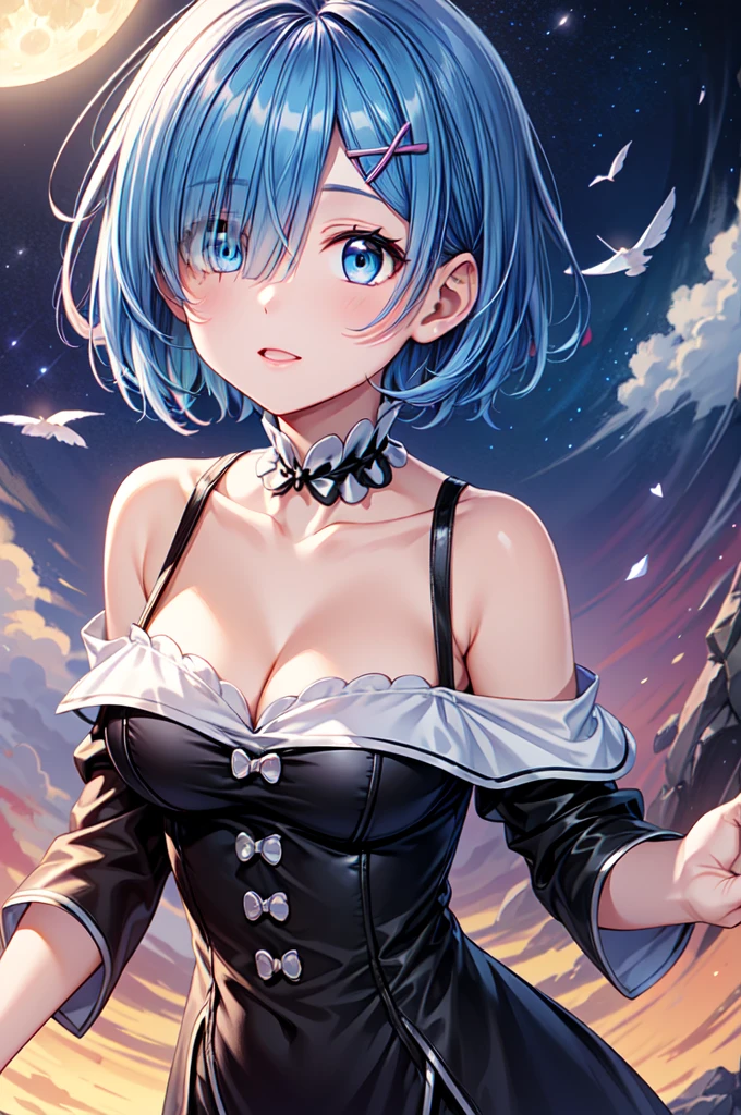 ((Best Quality)), ((Masterpiece)), (detailed), anime girl, short blue hair, dressed in black, stuck clothes, showing some chest, magical powers, spell, in love, looking to the right, coquette, sexy