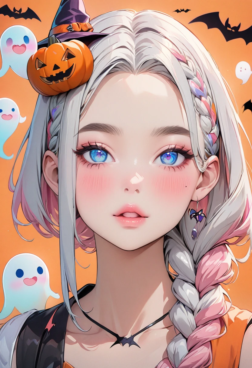 (masterpiece, Best Quality:1.4),  1 girl, Alone,  anime style, Colorful Students, Blurred vision, Pink lower lip,  pastel color , asymmetrical long silver hair ,  Long bangs on one side ,  braid, Color Highlights,  Halloween , witch,  cosplay,  pumpkin, Ghost, Bats, Portraiture,  blue eyes , Cute face. Lips in Love,  fashionable design,  Orange Background.