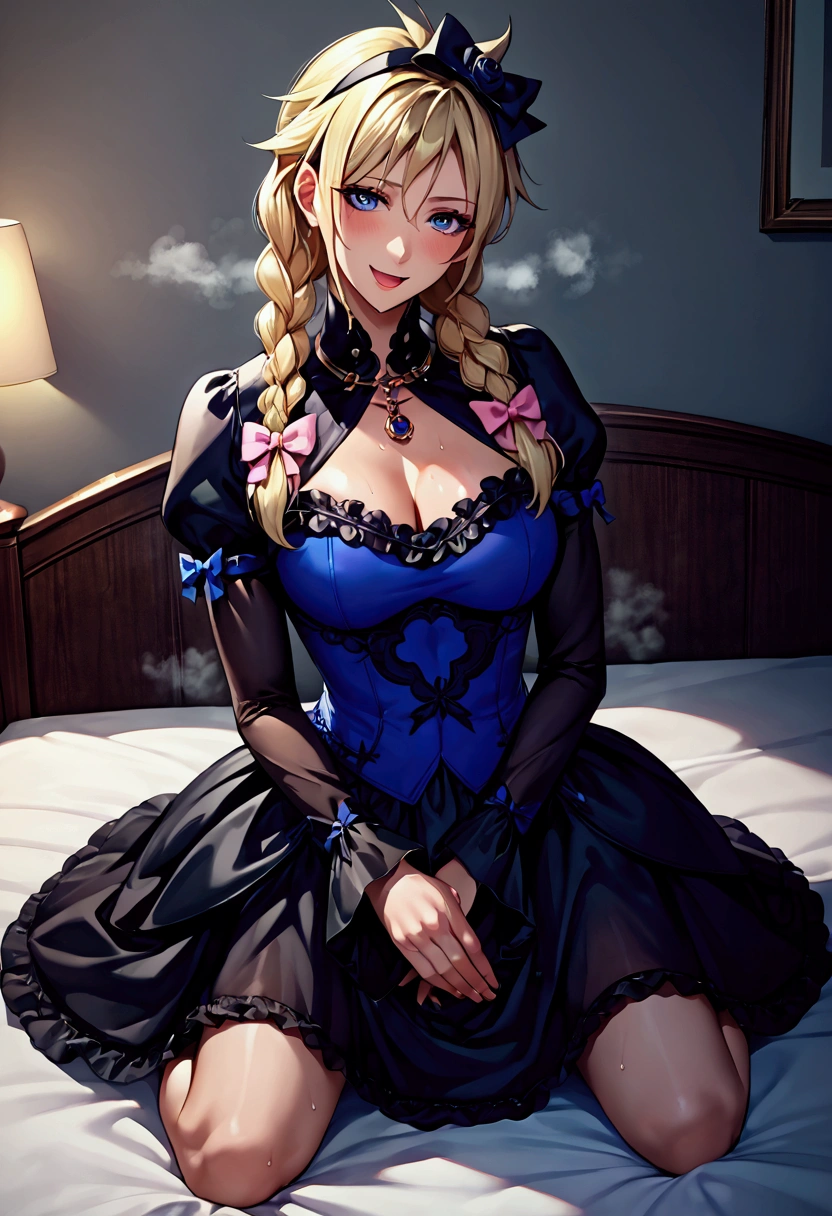 score_9, score_8_up, score_7_up , source_anime, masterpiece, best quality, perfect anatomy, very aesthetic, absurdres,game cg,anime detail,nsfw,bdsm BREAK dressCloud, 1girl, crossdressing, blonde hair, twin braids, hair bow, frilled dress, black dress, puffy sleeves, long sleeves, long dress BREAK 1 girl,(athletic body:1.3), open mouth, blush, sweat, very humid, oiled skin,(steam:1.3) BREAK 1 girl,large breast, (seductive smile:1.3),content expression,looking at viewer,full body shot,hotel,bed