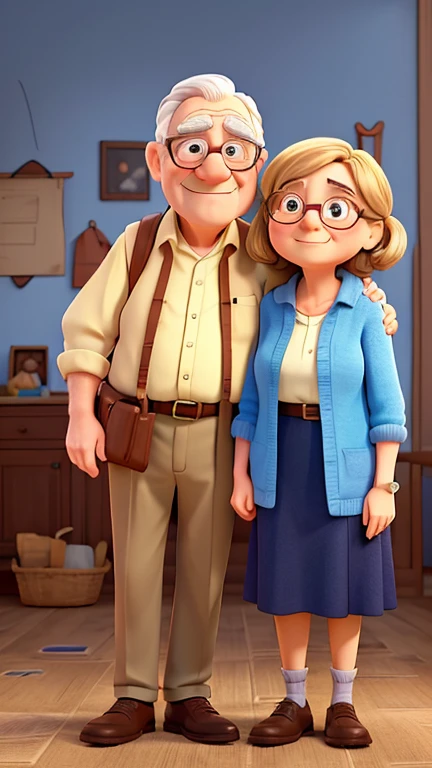 Imitating the outline of Carl and Ellie in the movie "Up", cartoon simple hand-drawn. Smiling couple, old man with glasses looking sideways at his wife, happy loving and warm couple, arms around each other's shoulders. Sweet and warm. Stereotype style, face outline. HD 