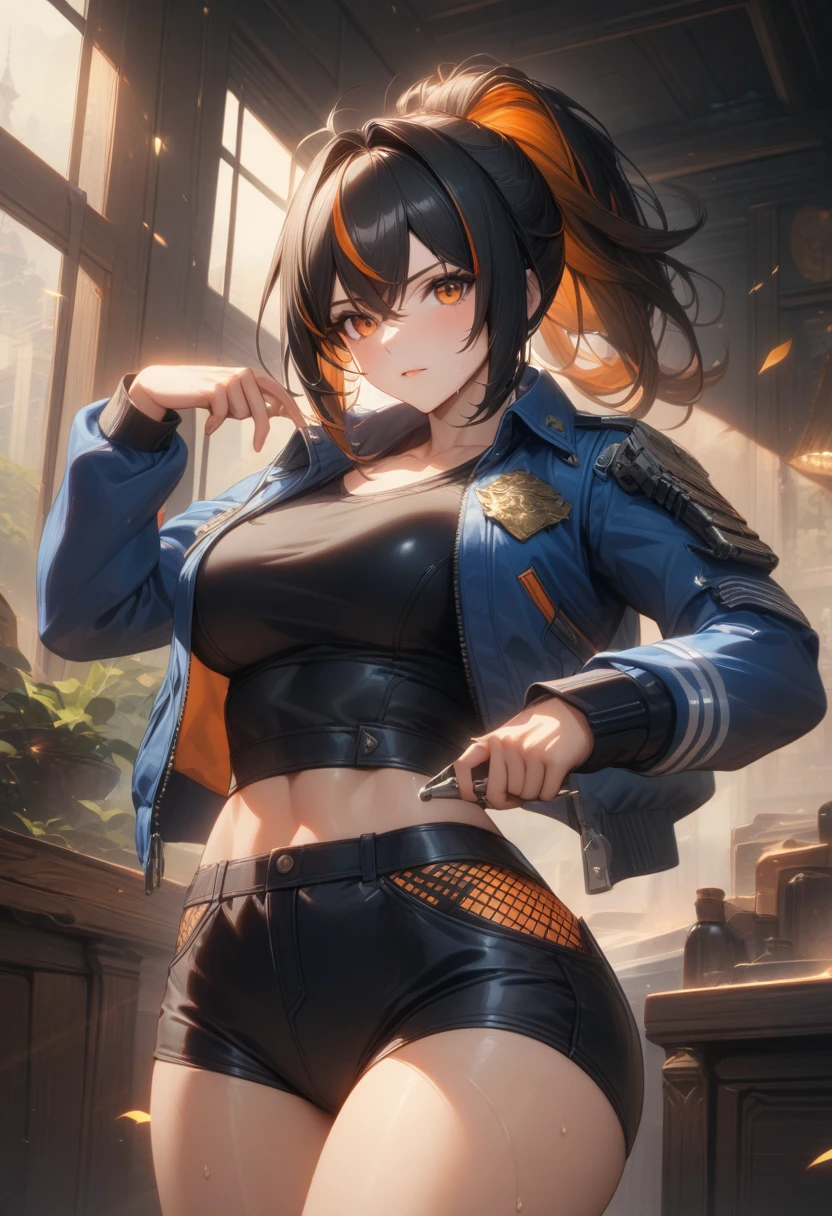 masterpiece,best quality,high resolution,8k,ultra HD,wallpaper,illustration,perfect face,cowboy shot,beautiful detailed eyes,extremely detailed face,perfect lighting,extremely detailed CG,perfect anatomy,perfect body,perfect hands,perfect fingers,1woman,full body,,muscle fighter body,(black long ponytail hair with orange mesh line hair:1.5),orange eyes,large breasts,Medium ass,,(blue open police jacket inner white shirt),black short hot pants,clothed,,collarbone,,looking at viewer,(single silver desert eagle),Steam,sweat, home,(Zenless Zone Zero character Zhu Yuan),adult,bring one's Butterfly knife to the ready